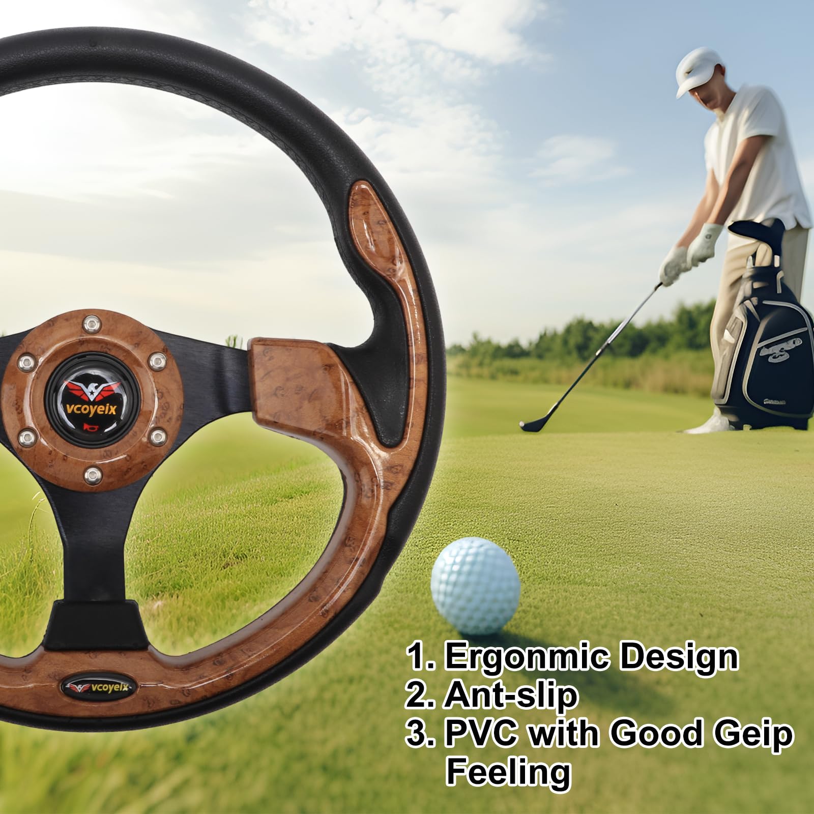 12.5 Inch Golf Cart Steering Wheel - Universal Fit for Yamaha, Club Car DS Precedent Tempo, EZGO TXT RXV - Wood Grain Racing Style - Perfect for Golf Cart Upgrades & Customization