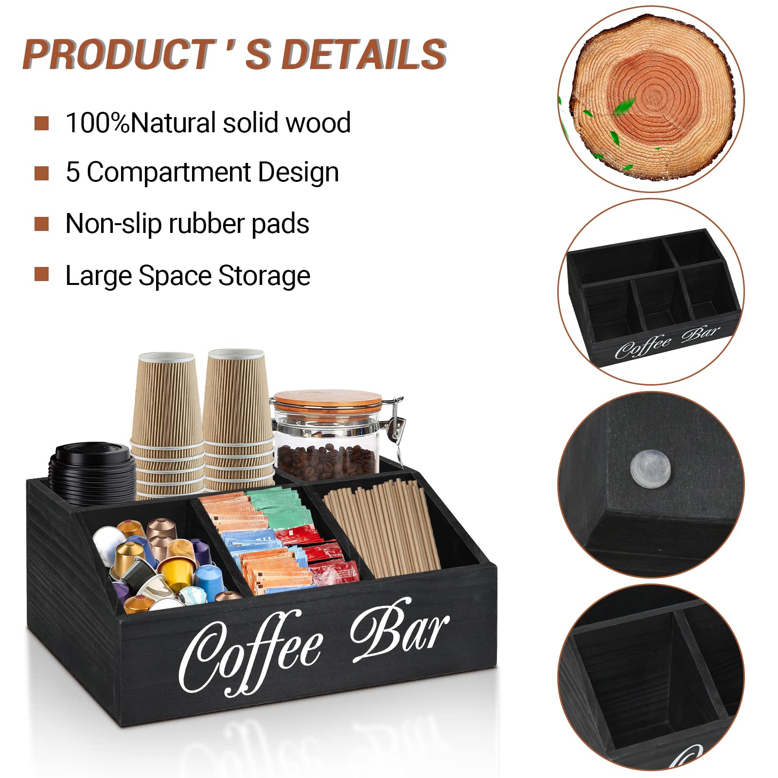 Wooden Coffee Station Organizer - Countertop Pods Holder & Tea Condiment Storage Basket - Coffee Bar Decor for Accessories - Perfect for Kitchen Counter & Home Coffee Bar Setup