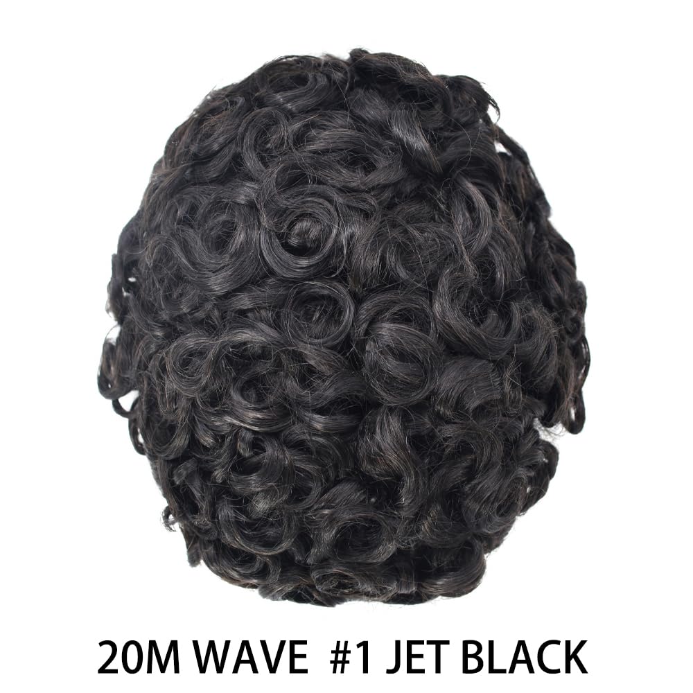 Afro Wavy Human Hair Toupee for Black Men - Curly Wave Replacement System with Full Poly Thin Skin & PU Injection - Jet Black #1 (20mm) - Perfect for Daily Wear, Cosplay, and Special Events