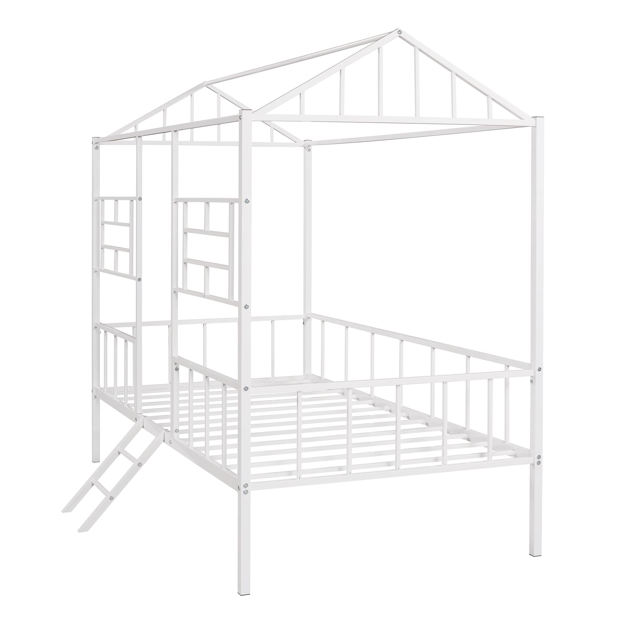 MERITLINE Twin Size House Bed Frame for Kids - Sturdy Metal Platform Bed with No Box Spring Needed, Ideal for Boys & Girls Bedrooms - White | Perfect for Kids' Rooms, Playrooms & Sleepovers