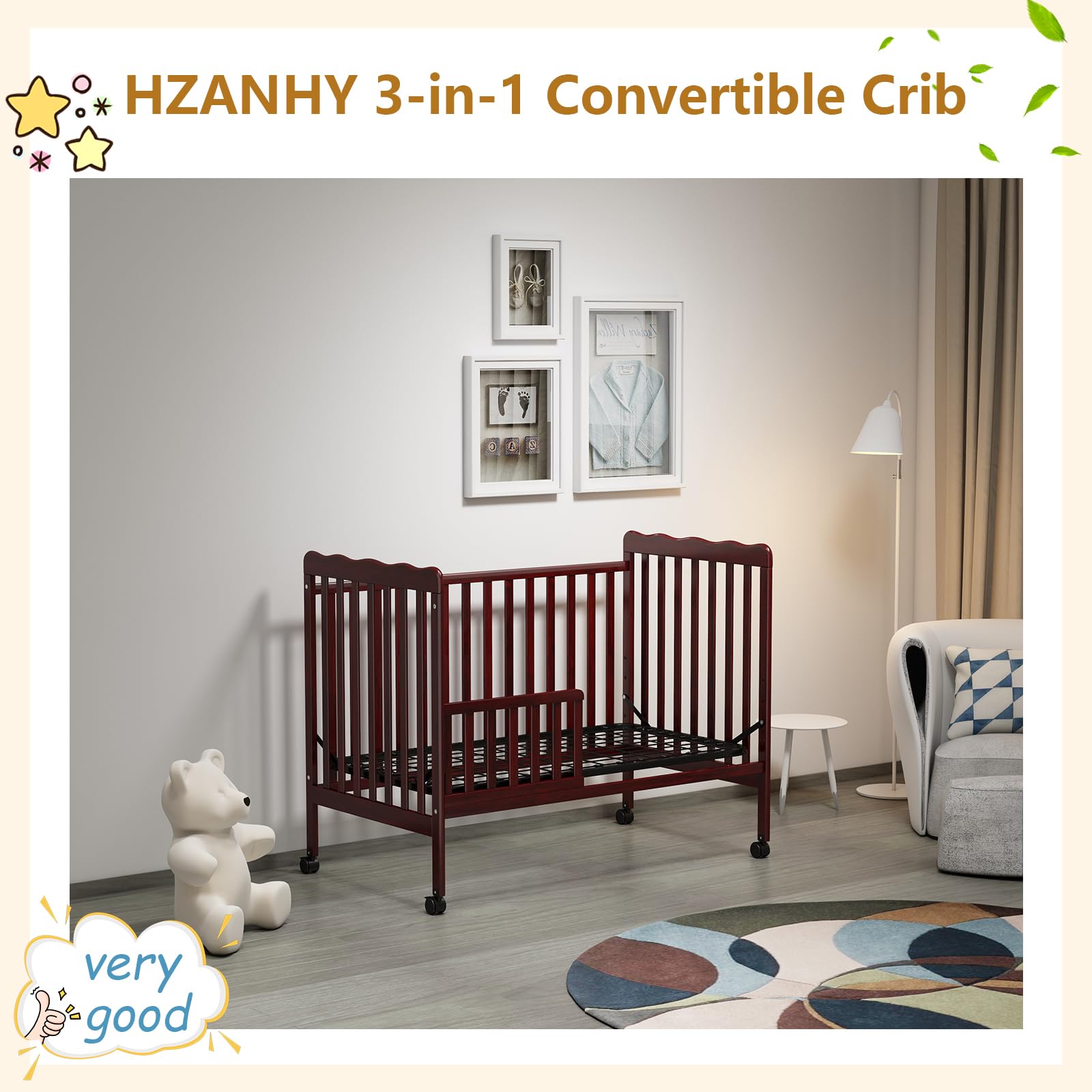 3-in-1 Convertible Crib to Toddler Bed & Full Size Bed Frame - Safe Baby Crib for Nursery | Perfect for Small Spaces & Growing Kids | Mattress Not Included