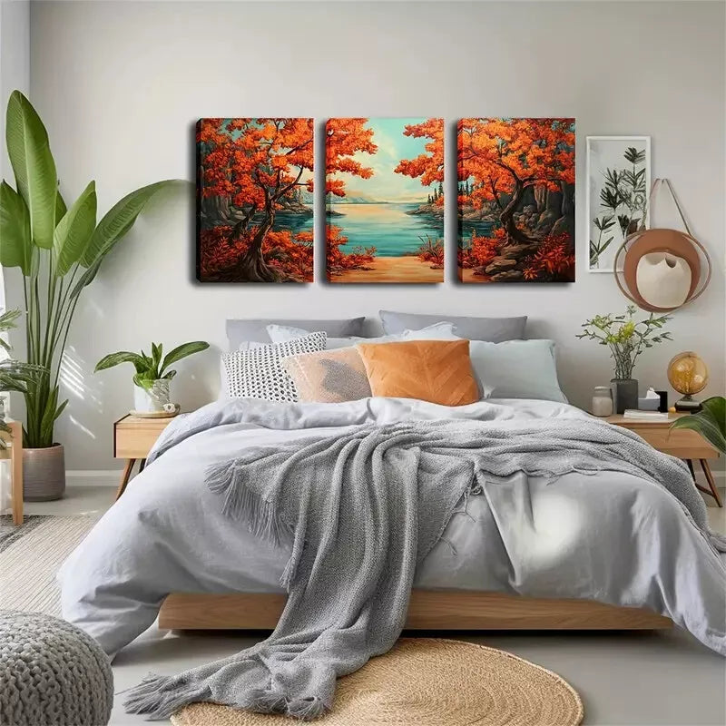 3-Piece Autumn Trees and Lake Landscape Wall Art Set - Framed Canvas 40x60cm - High Quality Print - 100% Australian Made - Ready to Hang - Perfect for Living Room, Bedroom & Office Decor