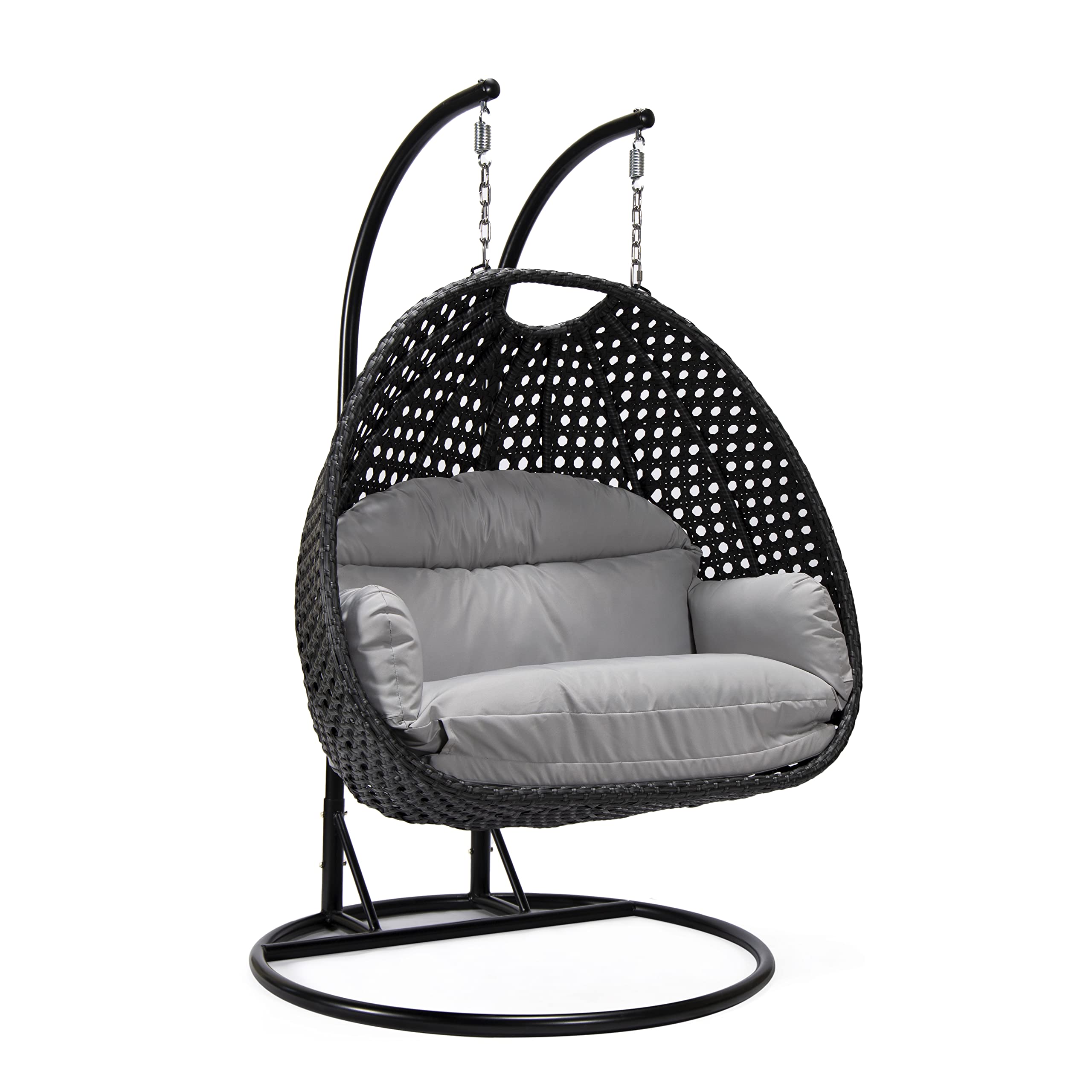 LeisureMod Mendoza Charcoal Wicker 2-Person Patio Hanging Egg Chair with Stand & Cushions - Indoor/Outdoor Swing for Garden, Porch, Backyard - Light Grey - Perfect for Relaxing, Lounging & Reading