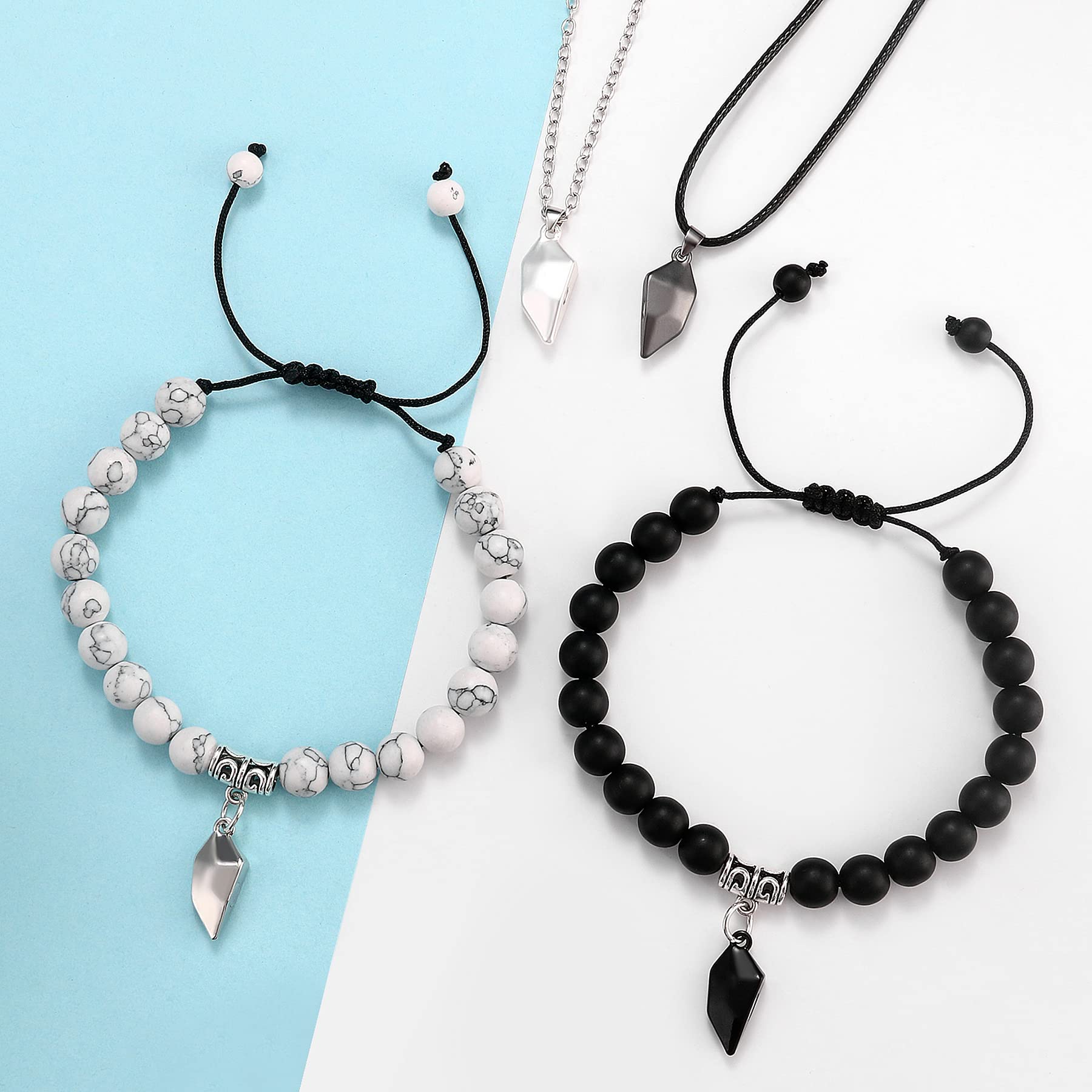 **Cupimatch 4 Pcs Heart Couple Matching Necklaces & Bracelets Set - His and Hers Love Pendant Beaded Relationship Jewelry for Anniversaries, Valentine's Day & Romantic Gifts**