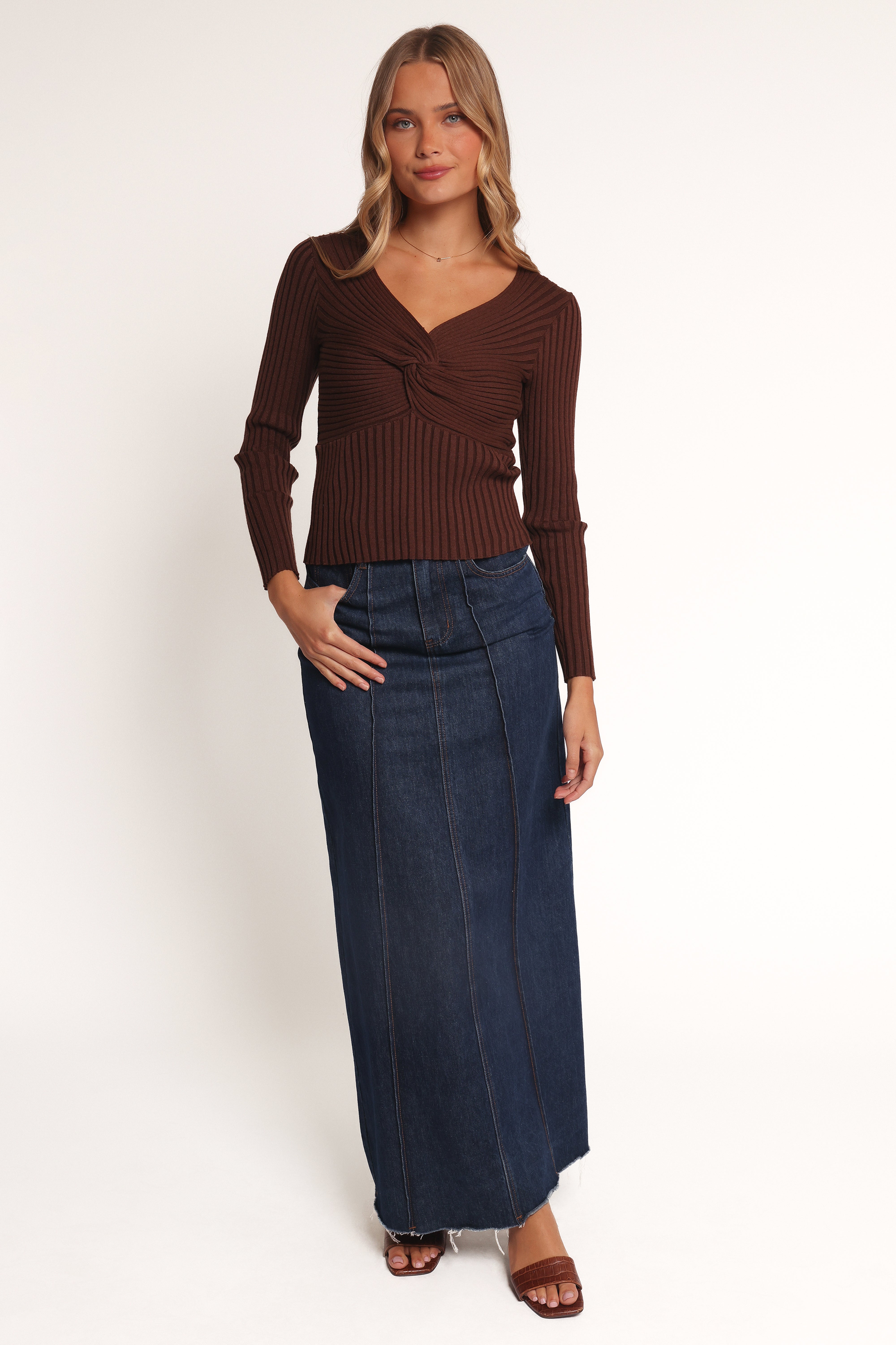 Stylish Demi Twist Detail Knit Top in Brown - Perfect for Casual Outings, Date Nights & Layered Fall Outfits