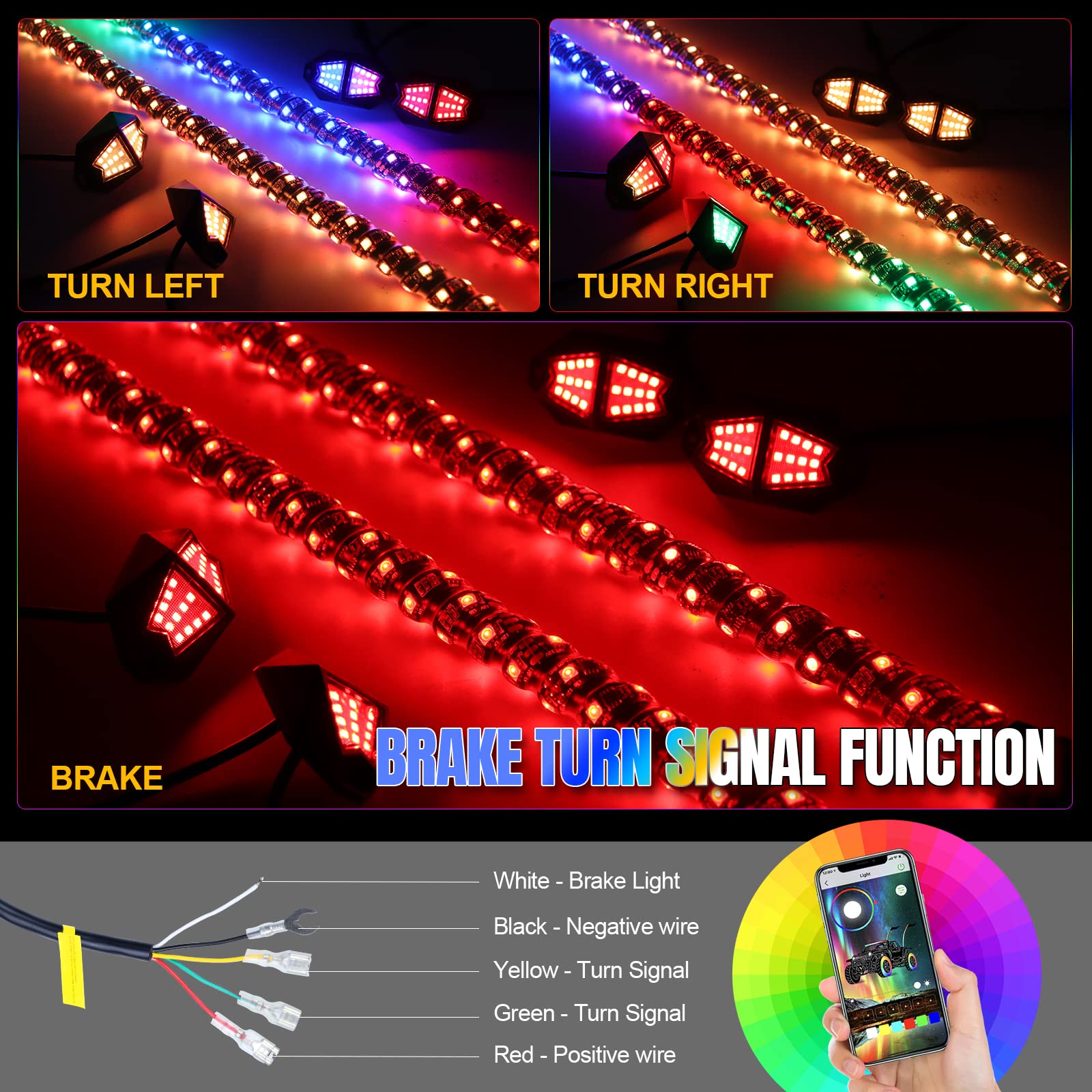 2PCS 3FT UTV Whip Lights & 4Pods Rock Lights Combo with APP & Remote Control - RGB Color Changing Off-Road Warning Light Kit for ATV, Jeep, Truck - Perfect for Night Riding, Camping & Off-Road Adventures