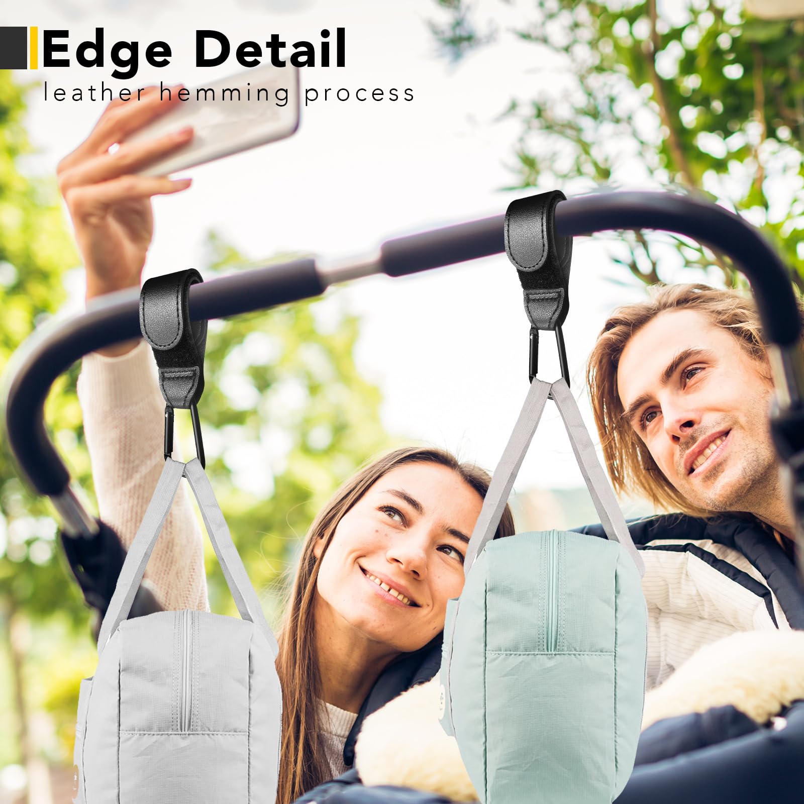 Durable Baby Stroller Hooks - 2 Pack Leather Stroller Straps for Diaper Bags, Shopping & Pet Carts | Heavy-Duty Stroller Clips for Groceries & Essentials (Black) | Perfect for Moms On-The-Go, Park Visits & Daily Errands
