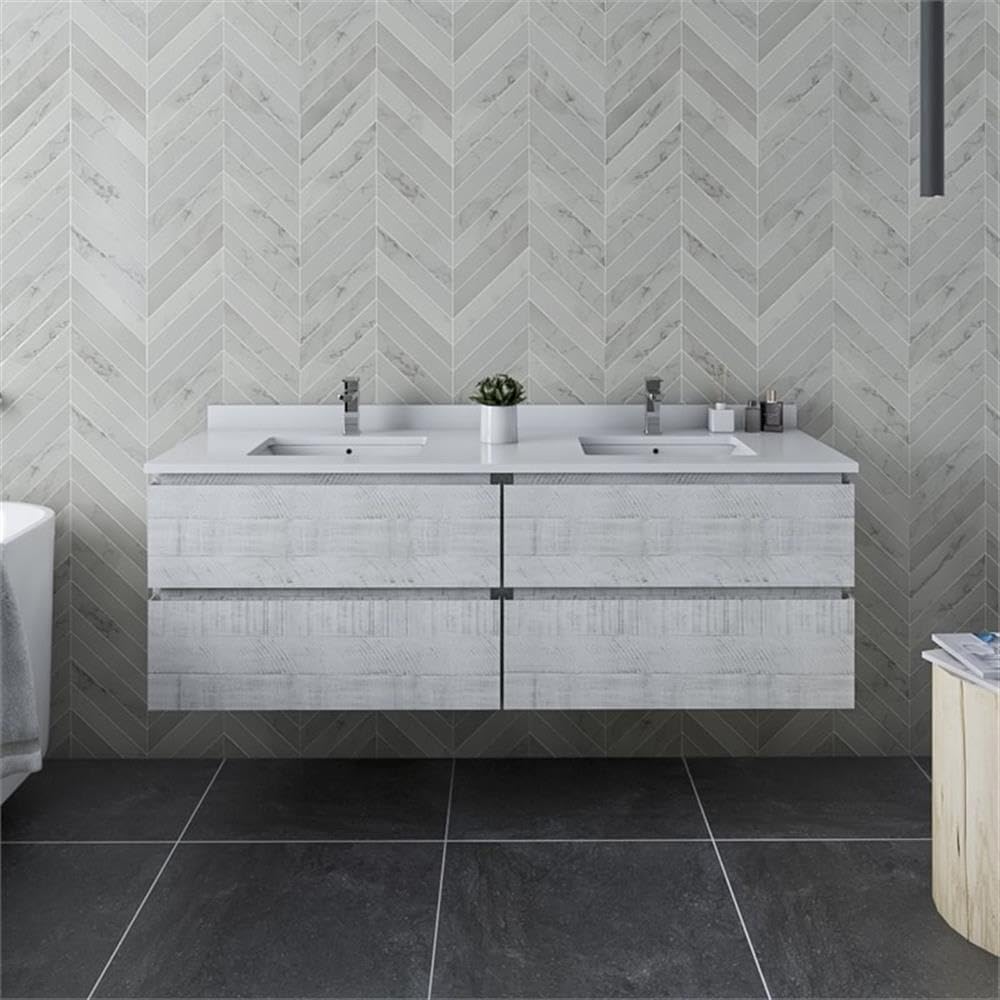 Fresca Stella 58 Inch Rustic White Wall Mounted Double Bathroom Vanity Cabinet - Perfect for Modern Farmhouse & Small Bathroom Storage Solutions