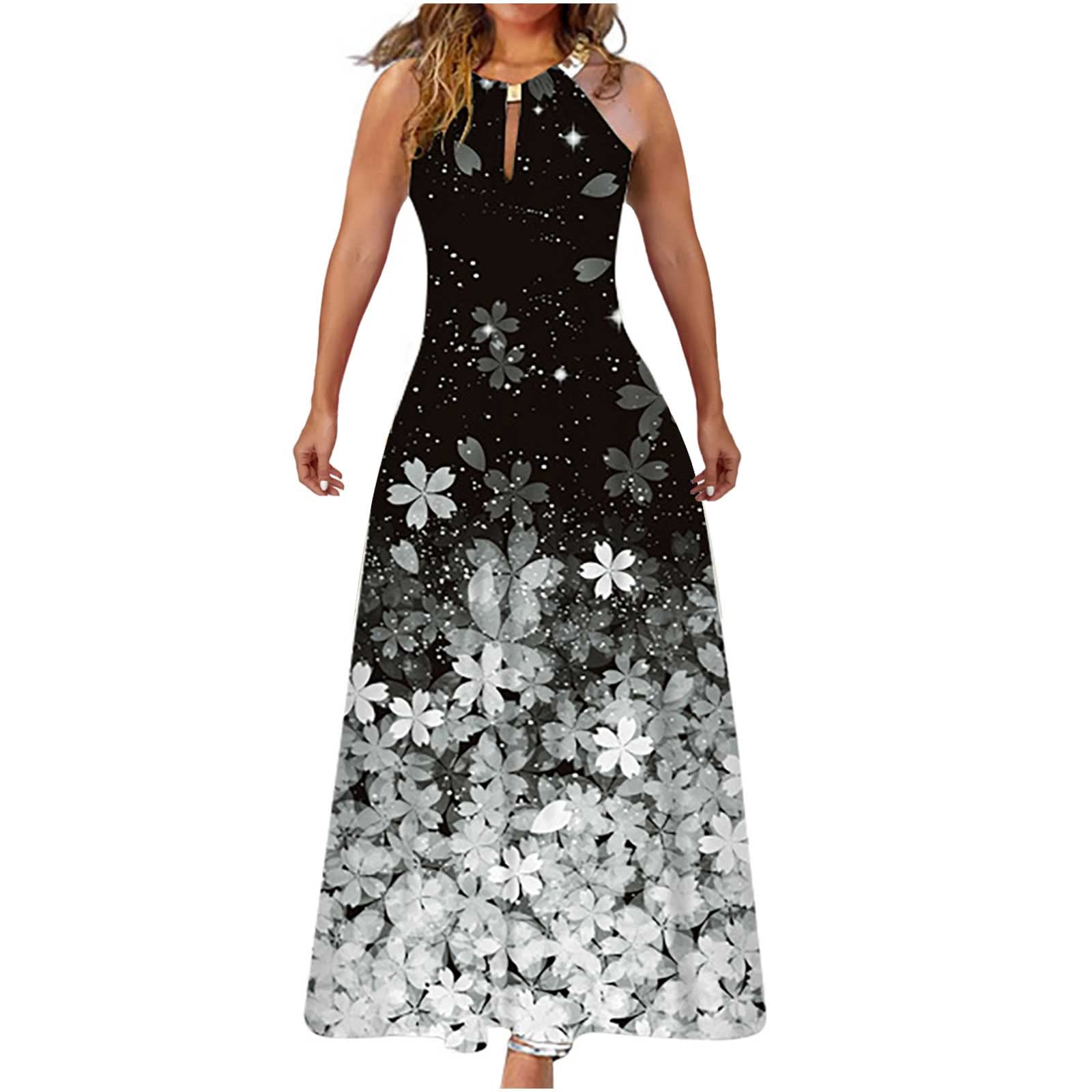 **ASNTRGD Women's Plus Size Summer Maxi Dress - Sleeveless Choker Neck Floral Casual Loose Fit Dress for Wedding, Beach, Party & Vacation**