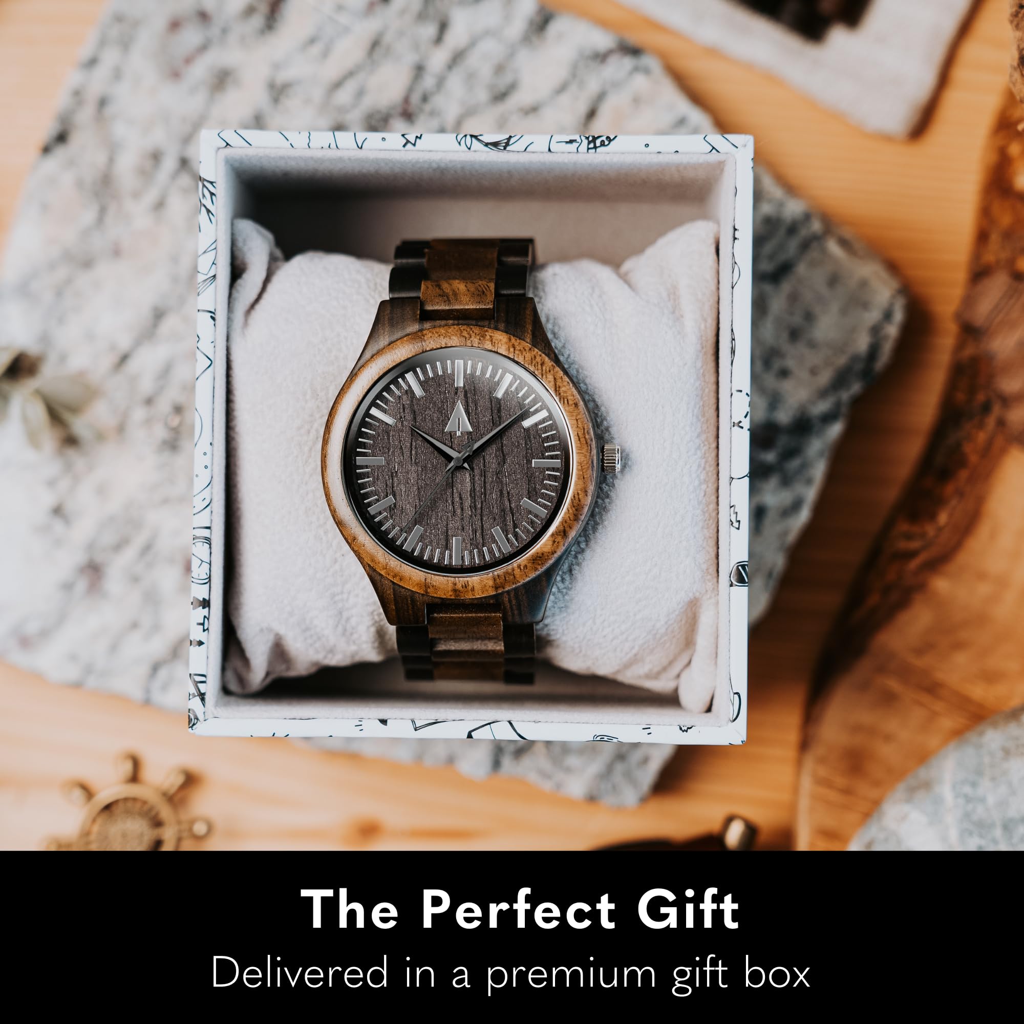 Treehut Men's Ebony Wood Watch with Japanese Quartz Movement - Adjustable Stainless Steel Buckle Strap - Stylish Exotic Wooden Wristwatch for Casual & Business Wear - Perfect Gift for Father's Day, Anniversary & Special Occasions