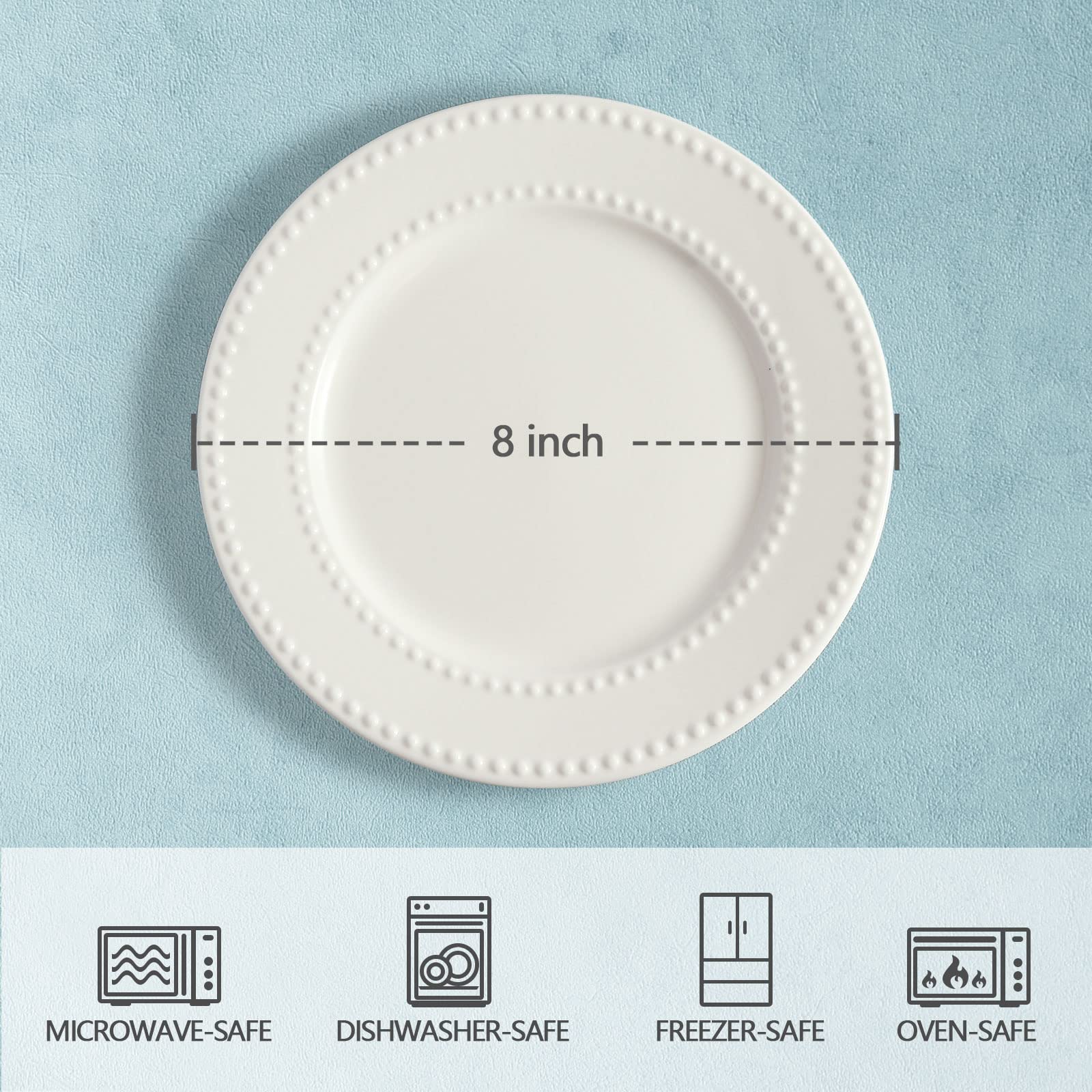 4-Pack 8 Inch White Ceramic Embossed Salad Plates - Scratch & Chip Resistant Appetizer Dessert Plates - Oven, Microwave & Dishwasher Safe Small Dinner Plates for Restaurants, Kitchens & Home Entertaining
