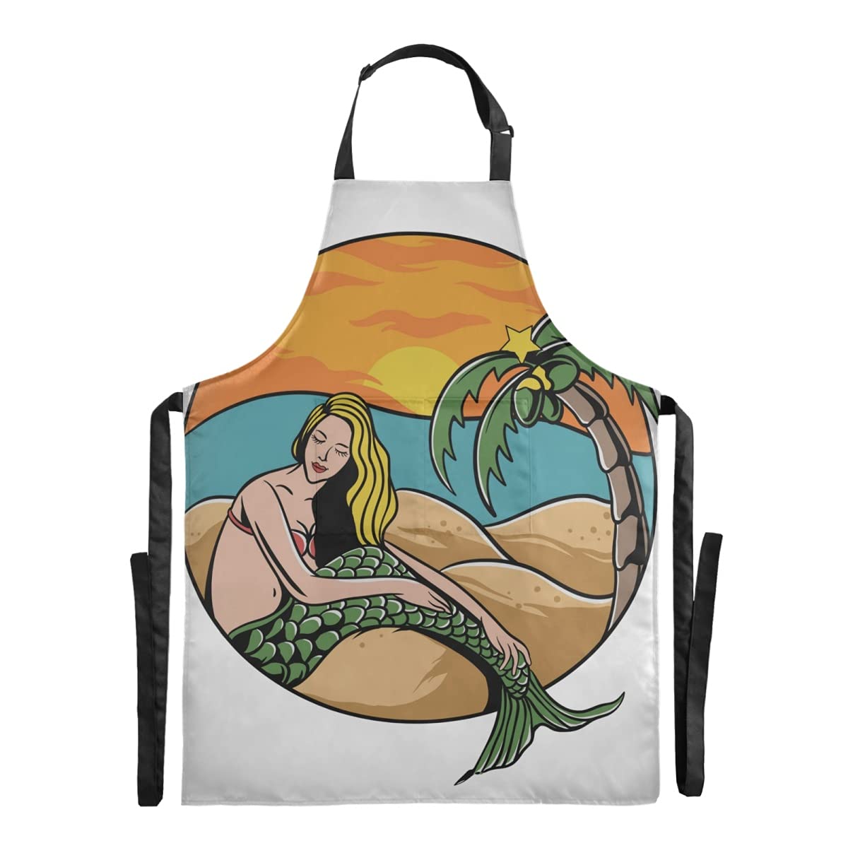 RunningBear Waterproof Mermaid Girl Beach Bib Apron - Adjustable Straps & Large Pocket for Restaurant, Salon, Cafe, Kitchen - Perfect for Adults, Stepdads & Fun Cooking, Baking, BBQ, Beach Parties
