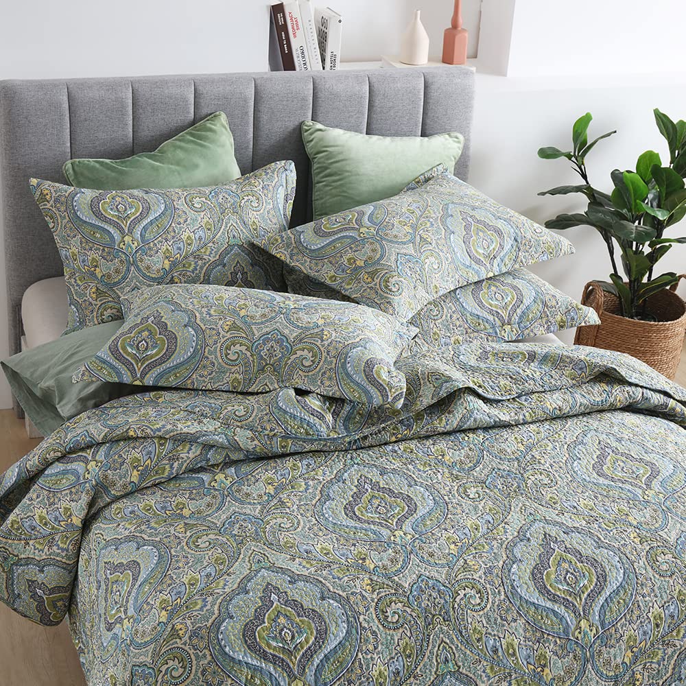 Autumn Dream Cotton Bedspread Quilt Set - 3 Piece Reversible Comforter Coverlet Set with Classic Damask Paisley Design, Queen Size - Perfect for Fall Bedroom Decor & Cozy Seasonal Home Styling