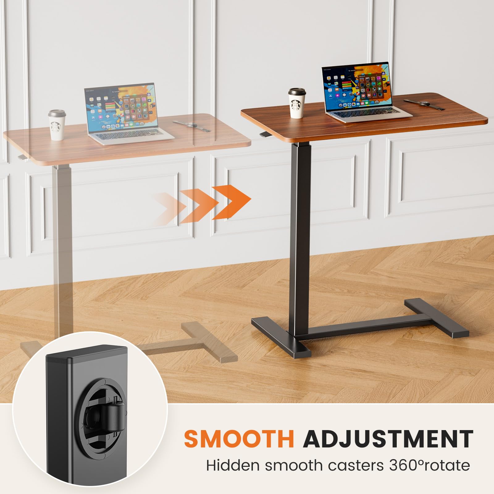 Adjustable Height Overbed Bedside Table with Wheels - Mobile Rolling Standing Desk for Laptop, Writing & Dining - Portable Bed Table for Home, Office & Hospital Use - Modern Brown Design - Perfect for Remote Work, Bedroom Study & Patient Care