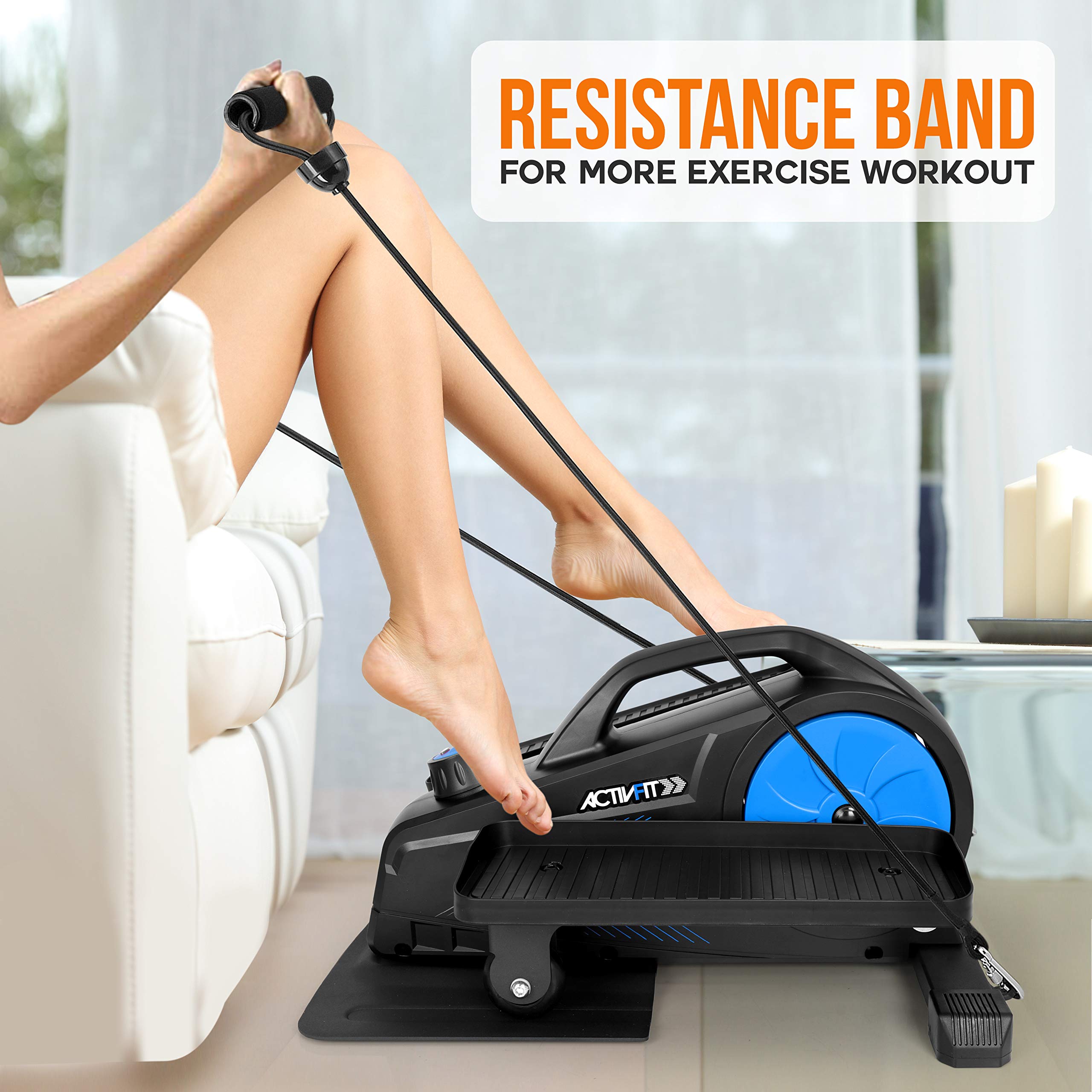 SereneLife Compact Under Desk Elliptical Machine - 8 Resistance Levels, LCD Monitor & Resistance Bands - Ergonomic Mini Exercise Bike for Home & Office - Perfect for Seniors, Adults & Leg Workouts While Sitting