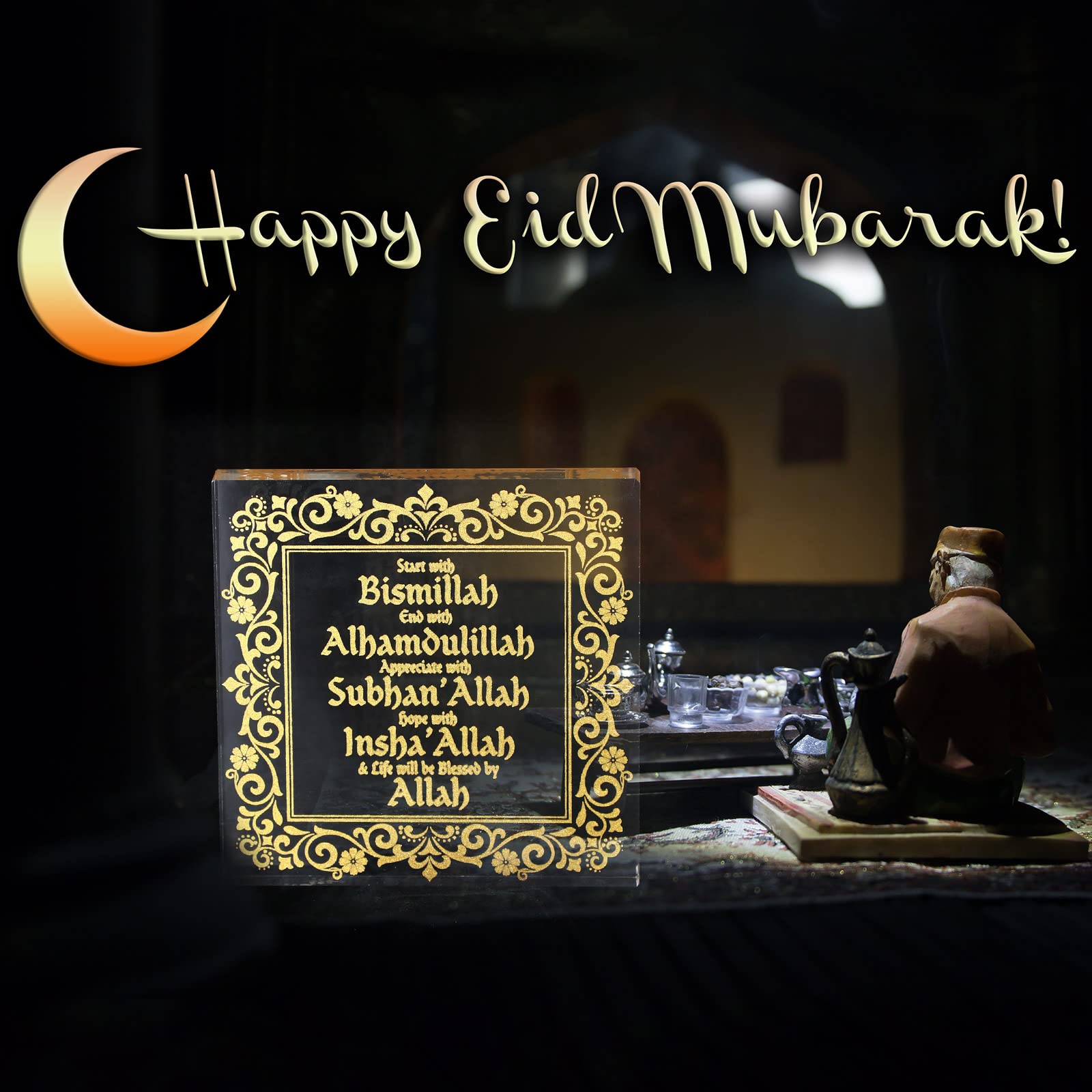 Yookeer Islamic Acrylic Eid Ramadan Mubarak Decor - Arabic Allah Table Sign for Ramadan, Eid, Birthday Gifts - Gold Desktop Ornament for Home, Office & Islamic Celebrations