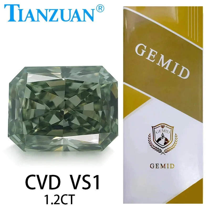 1.2ct VS1 Lab Grown CVD Radiant Cut Fancy Vivid Green Diamond - GEMID Certified 2EX Loose Gemstone for Engagement Rings & Jewelry Making