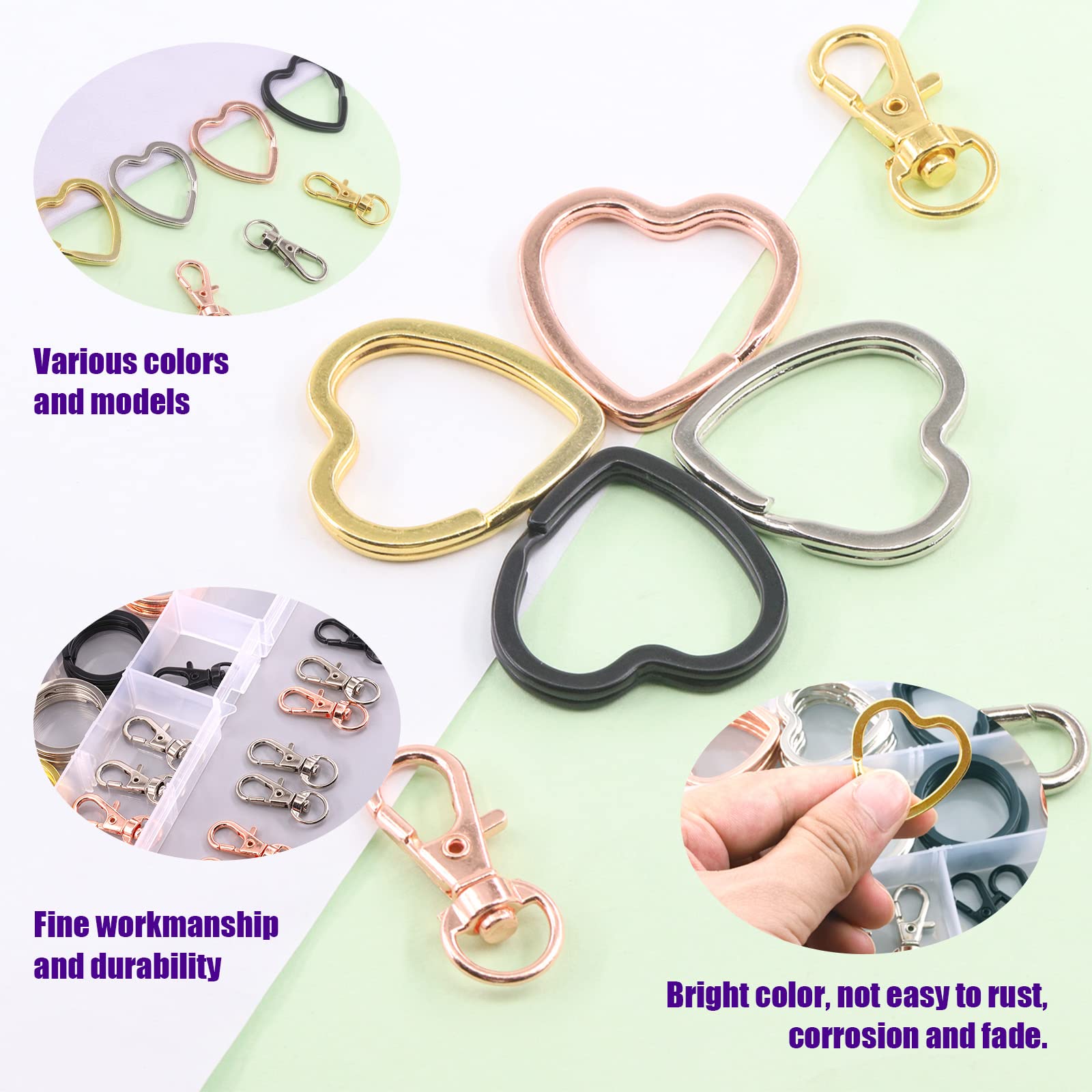 Swpeet 60Pcs Round & Heart Shape Key Rings - 4 Colors Metal Swivel Lobster Claw Clasp Keychain Kit with Split Rings & Jump Rings for DIY Crafts, Jewelry Making, Keychains & Leather Projects