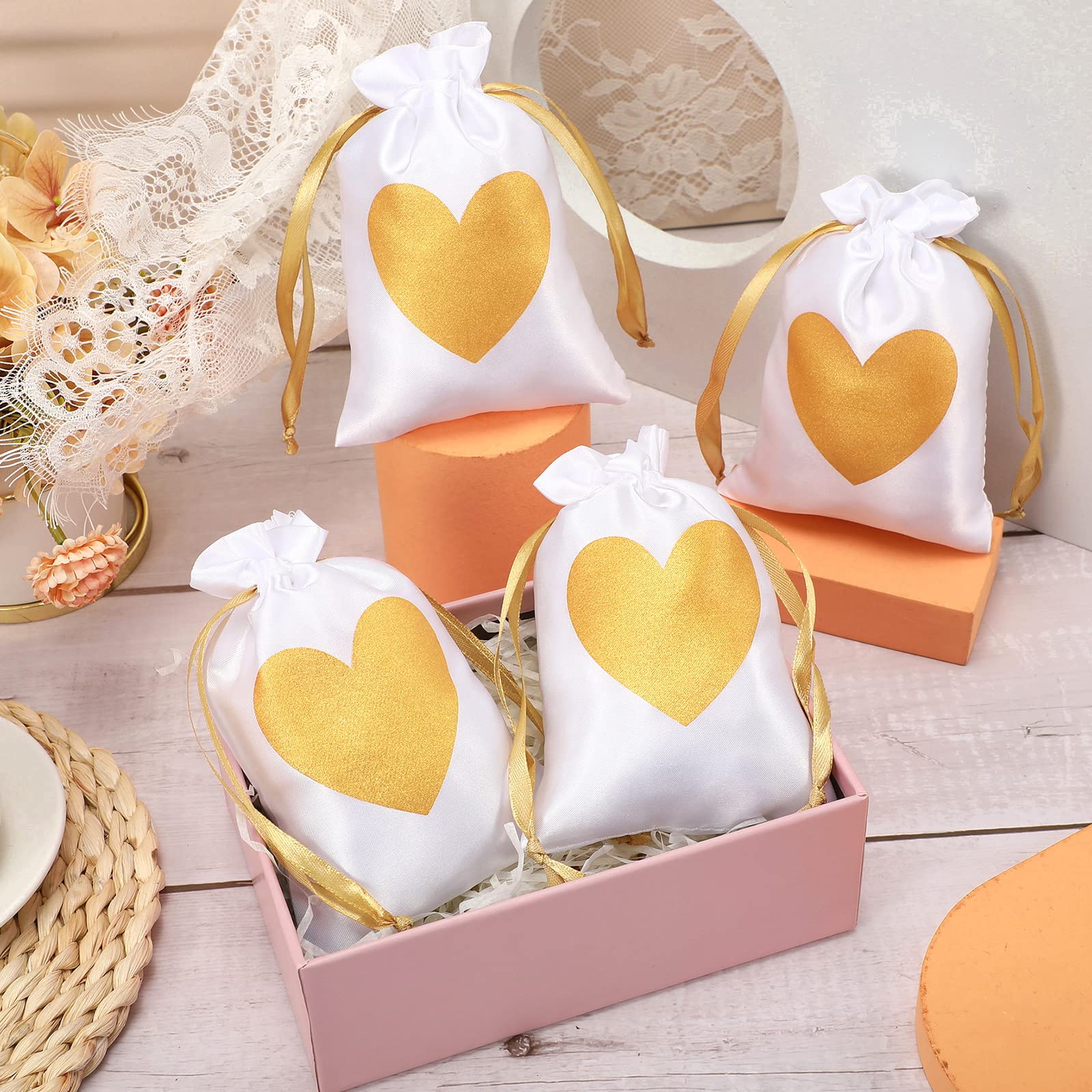 50 Pcs White Satin Gift Bags with Gold Heart Print - 4x6 Inch Drawstring Jewelry Pouches for Wedding Favors, Bridal Shower, Baby Shower, Birthday Party Gifts & Special Occasions - Perfect for Jewelry, Candies, Small Treasures and Party Favors