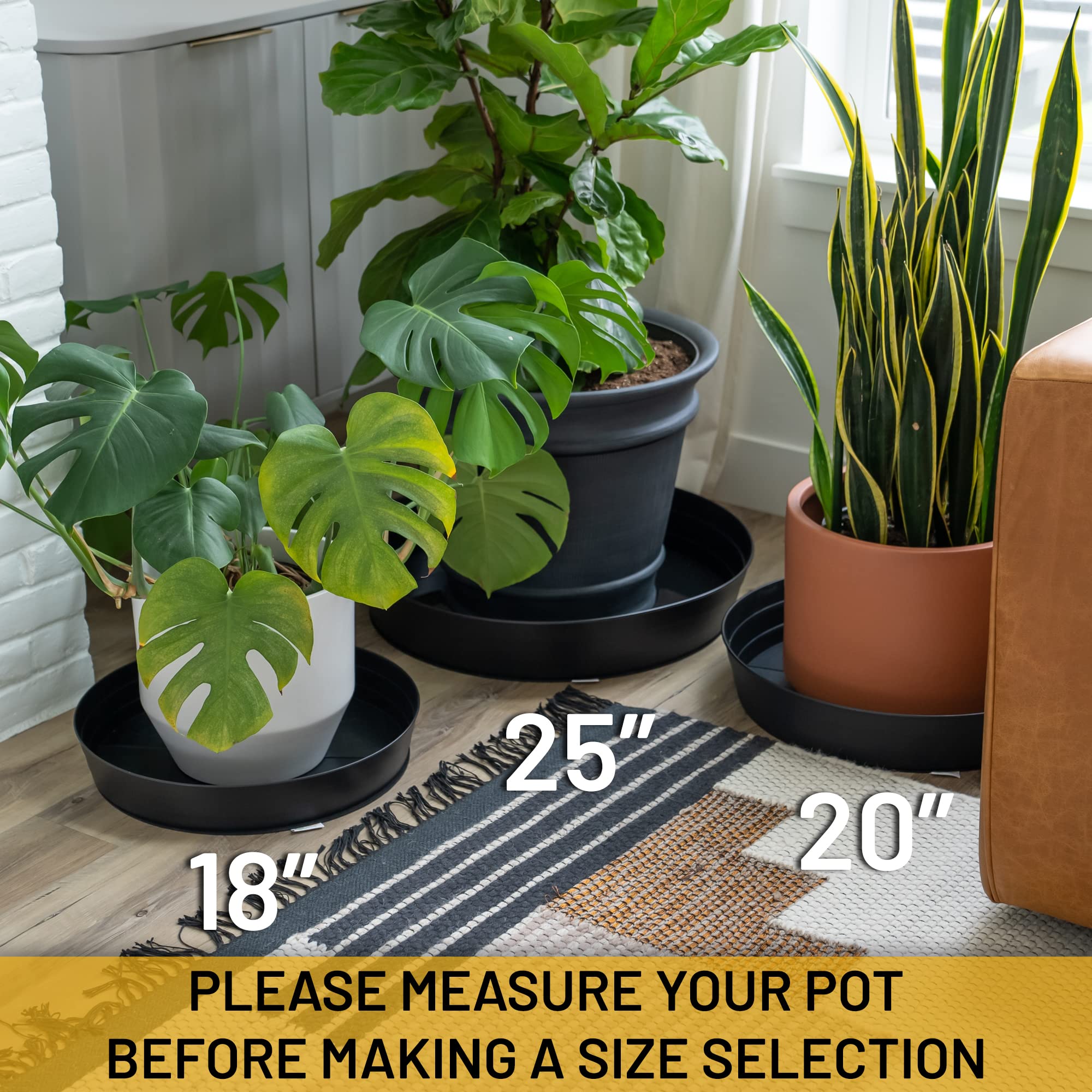 20 Inch Extra-Large Plant Saucers for Potted Plants - Deep Drip Trays with Felt Mat for Floor Protection - Indoor Plastic Plant Trays Without Holes (20W x 3.7D in) - Perfect for Indoor Plants, Balconies & Greenhouses