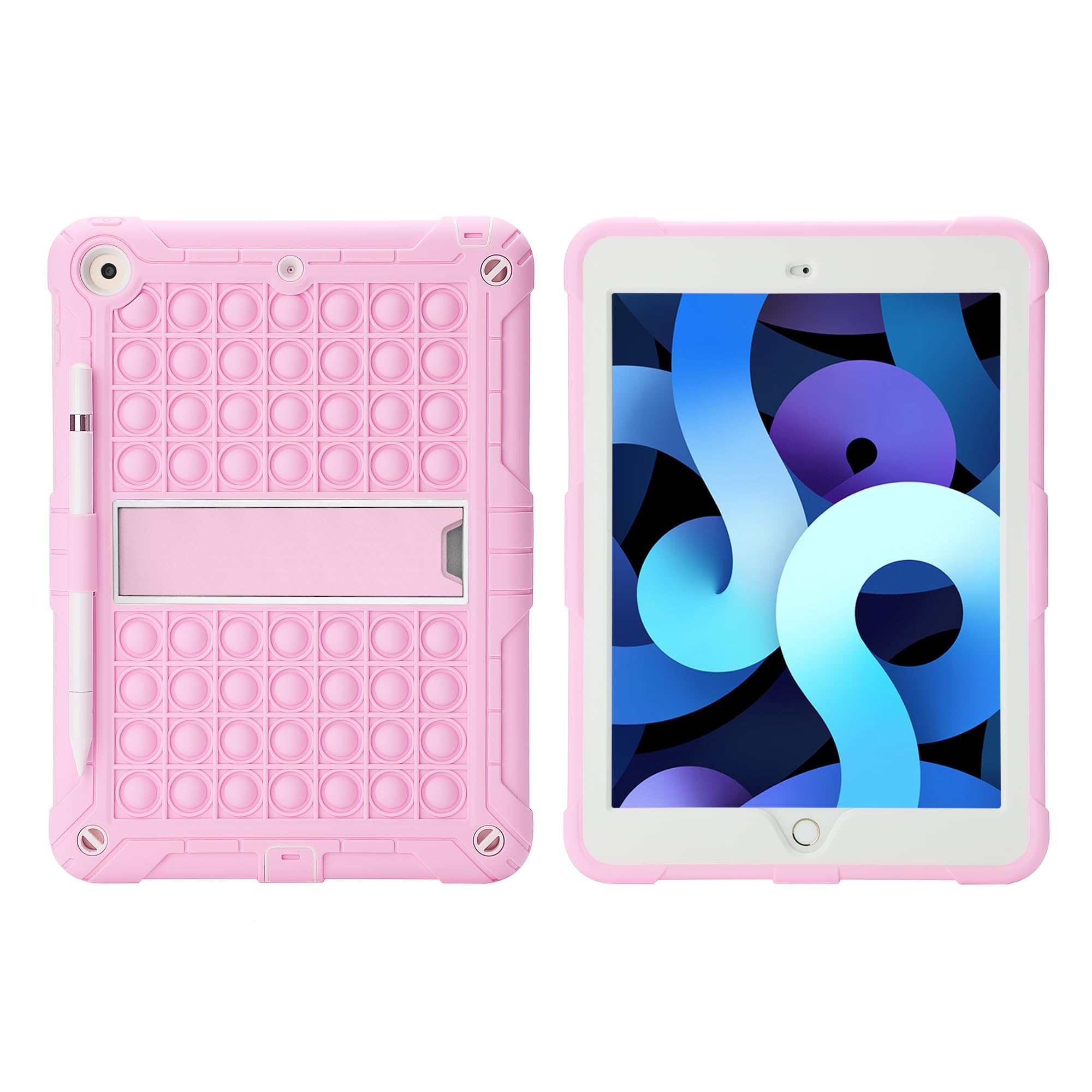Sensory Fidget Toy Case for iPad 9.7 Inch 5th/6th Generation 2018/2017/Air 1/Air 2/iPad Pro - Shockproof Push Pop Bubble Cover with Pencil Holder, Kickstand & Shoulder Strap (Pink) - Perfect for Stress Relief, Focus & Travel