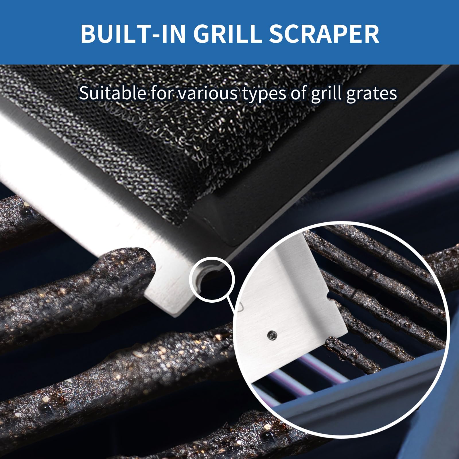 Stainless Steel Grill Brush with Wood Handle - Bristle-Free & Safe BBQ Grill Cleaner for Outdoor Grilling | Includes 1 Replacement Head | Perfect for Backyard BBQs, Camping & Picnics
