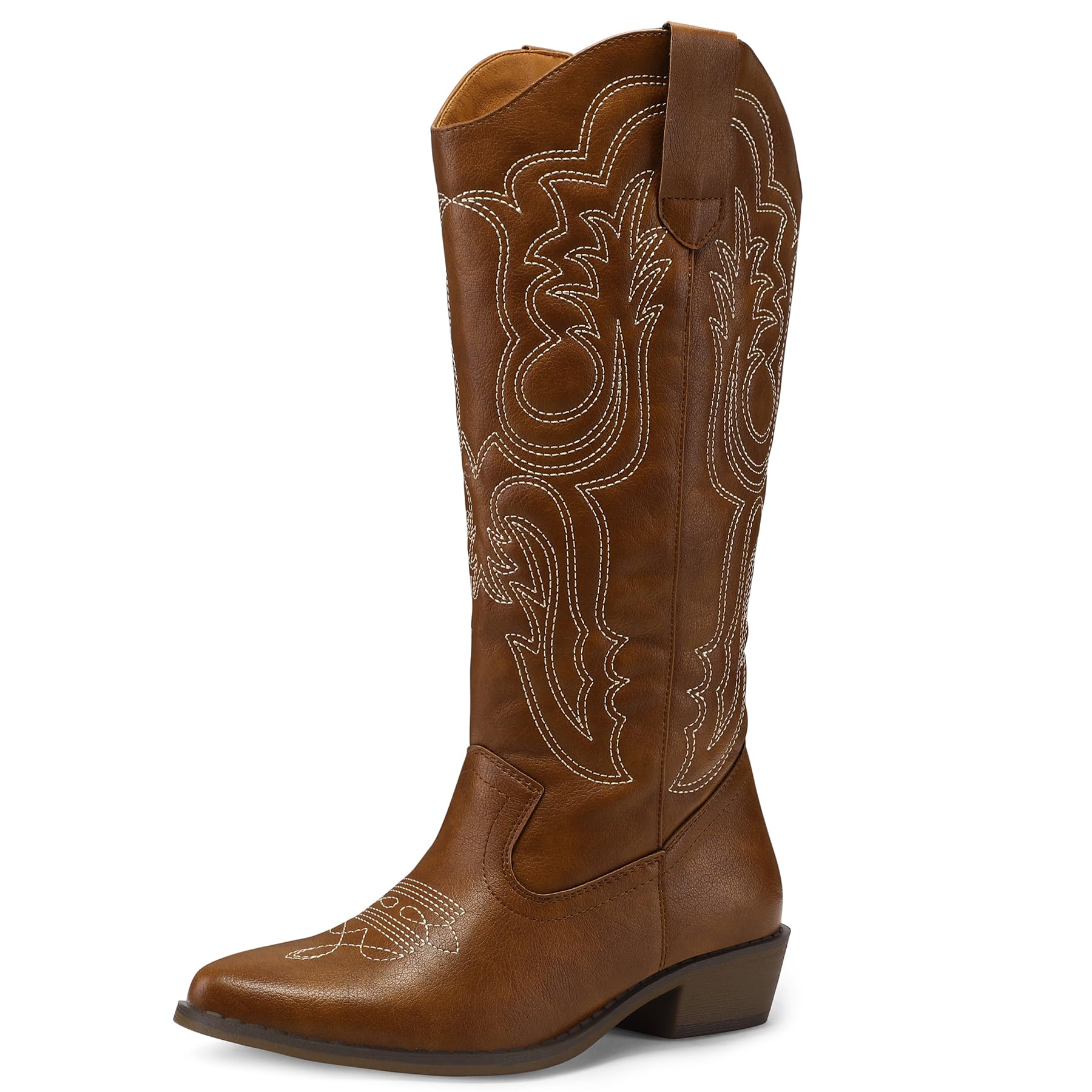 Mysoft Women's Cowboy Boots - Mid Calf Western Cowgirl Boots with Embroidered Design, Pointed Toe & Chunky Heel - Pull On Knee High Boots for Country Dancing, Rodeo & Fashion Outfits