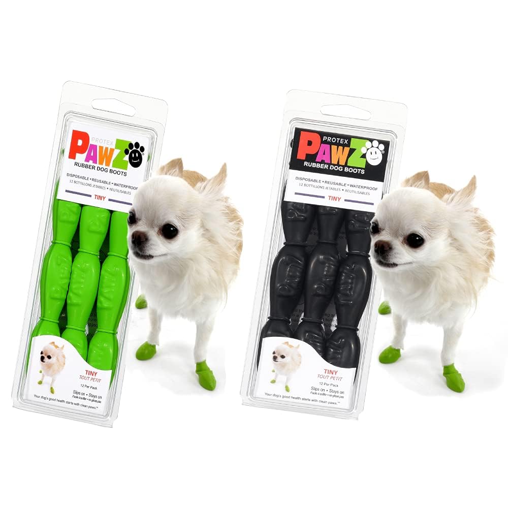 PawZ Dog Boots Tiny - 24 Pack Green & Black Waterproof Pet Shoes for Small Dogs - Perfect for Walking, Hiking & Winter Protection