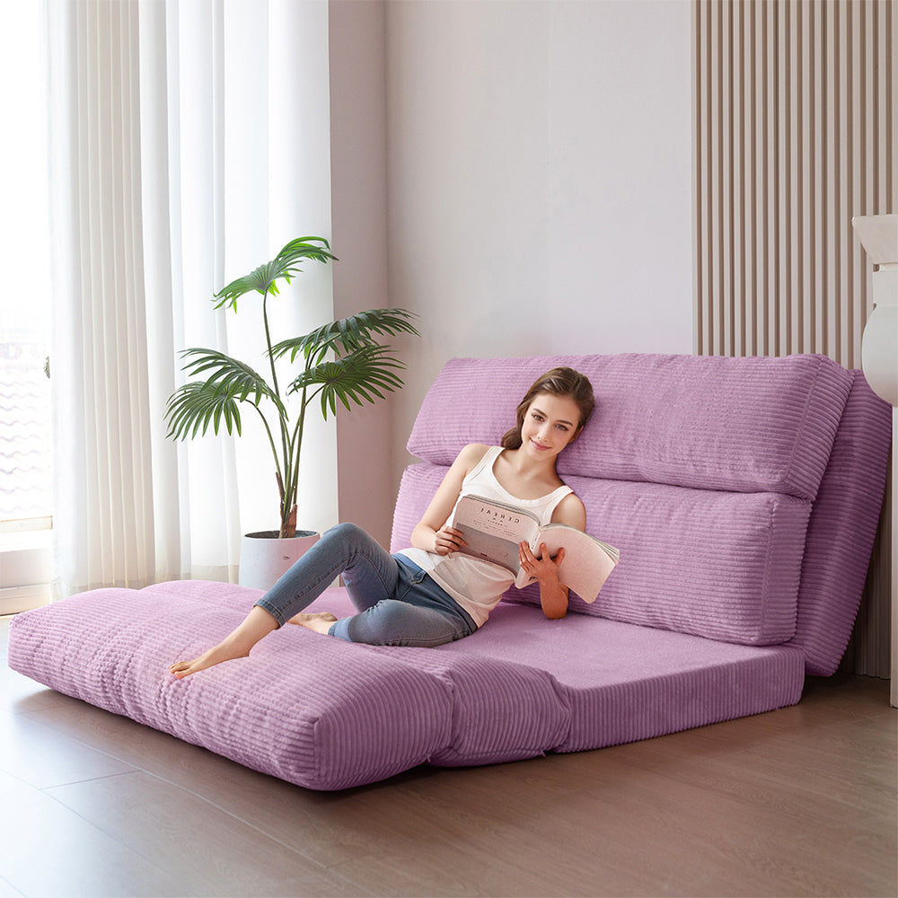 MAXYOYO Corduroy Bean Bag Folding Sofa Bed - Extra Wide Foldable Floor Mattress in Purple | Perfect for Living Room Lounging, Guest Bed & Dorm Room Comfort