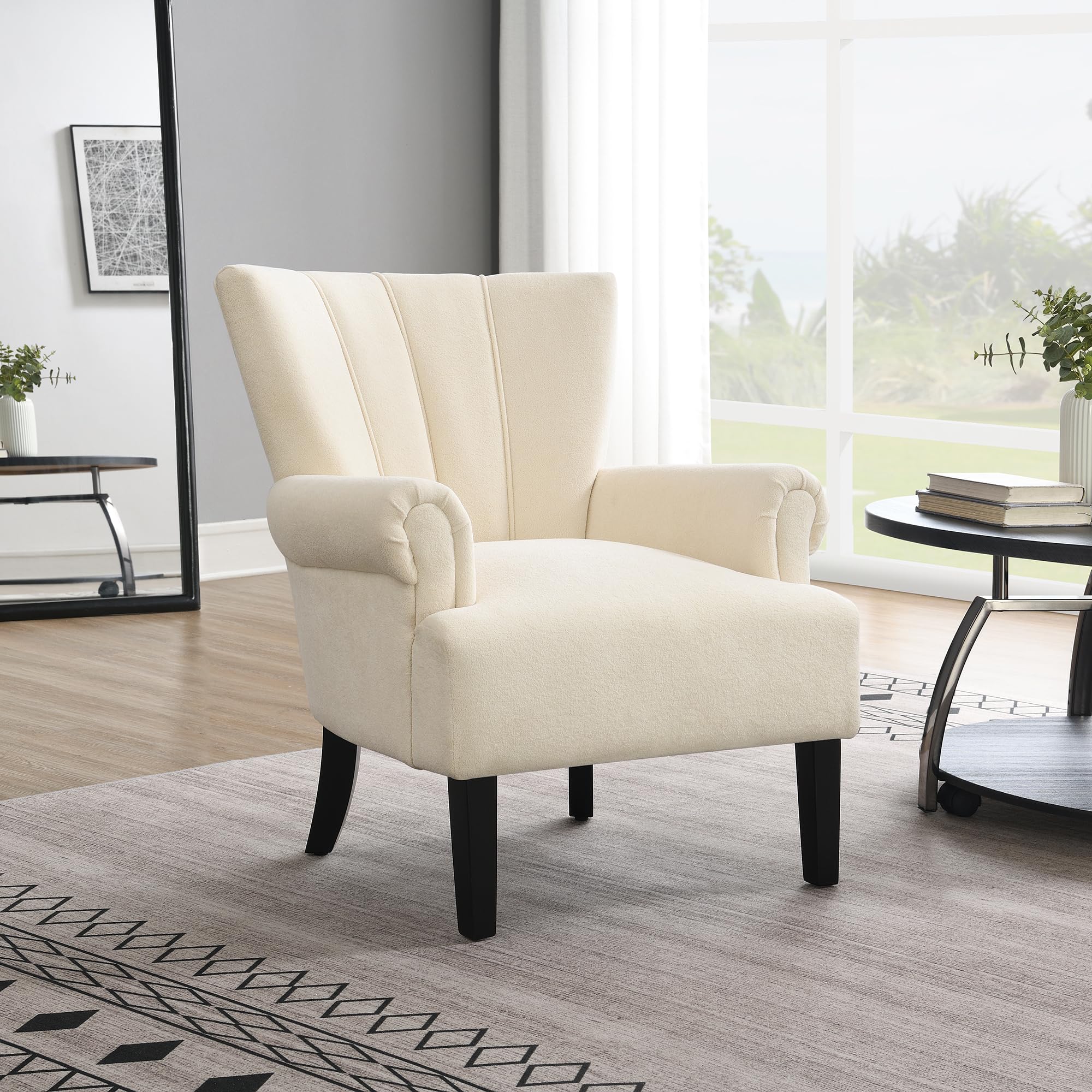 Modern Channel Tufted Accent Chair with Rolling Arms - High Back Upholstered Club Armchair with Solid Wood Legs - Comfortable Living Room & Bedroom Furniture - Perfect for Reading Nook, Home Office or Lounge Area - Beige