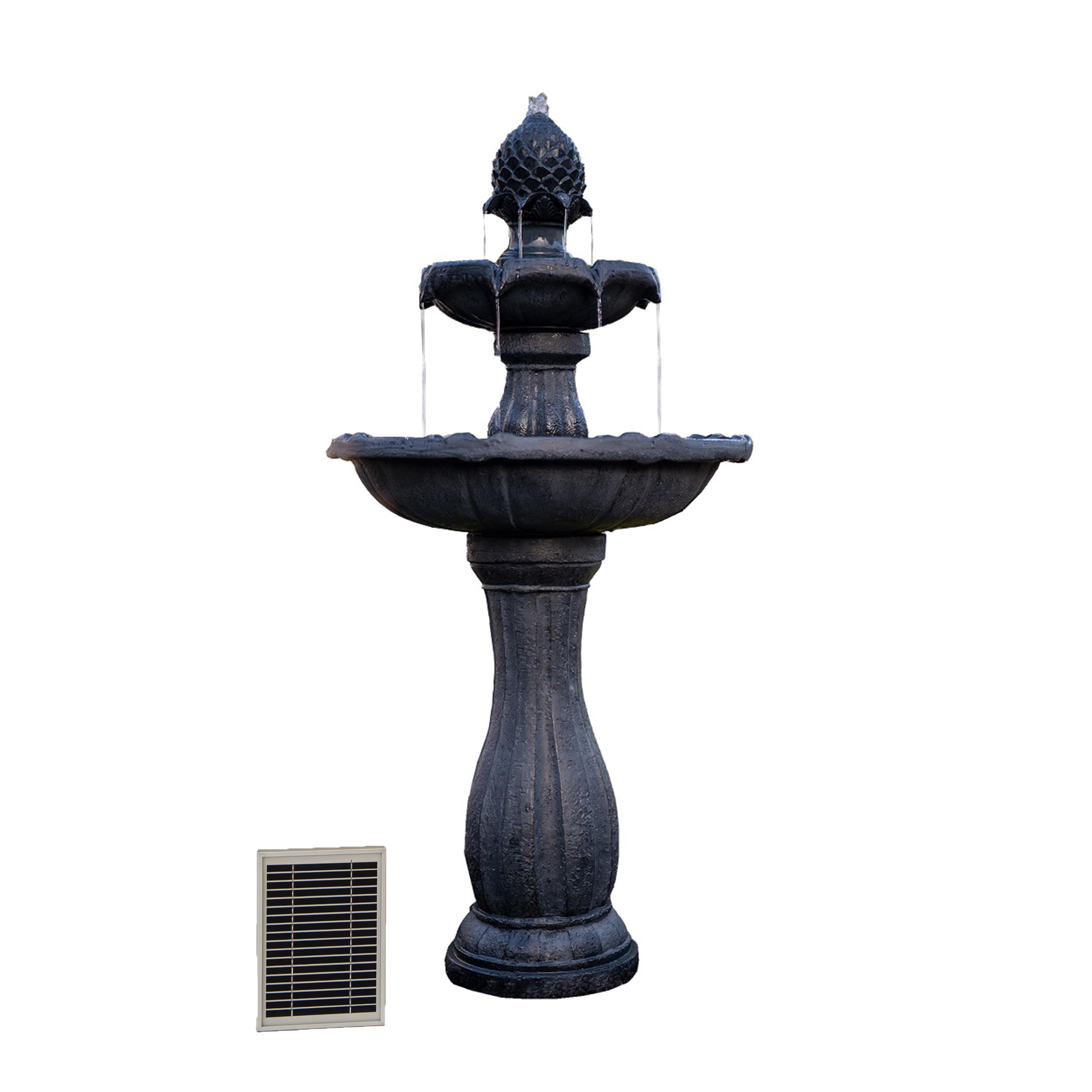 XBrand 44-Inch Tall Black Fiberglass/Resin 2-Tier Solar Water Fountain with Solar Panel & Auto-Shut Off Pump - Outdoor Garden Decor for Patio, Yard, and Landscape (Perfect for Bird Baths & Relaxation)