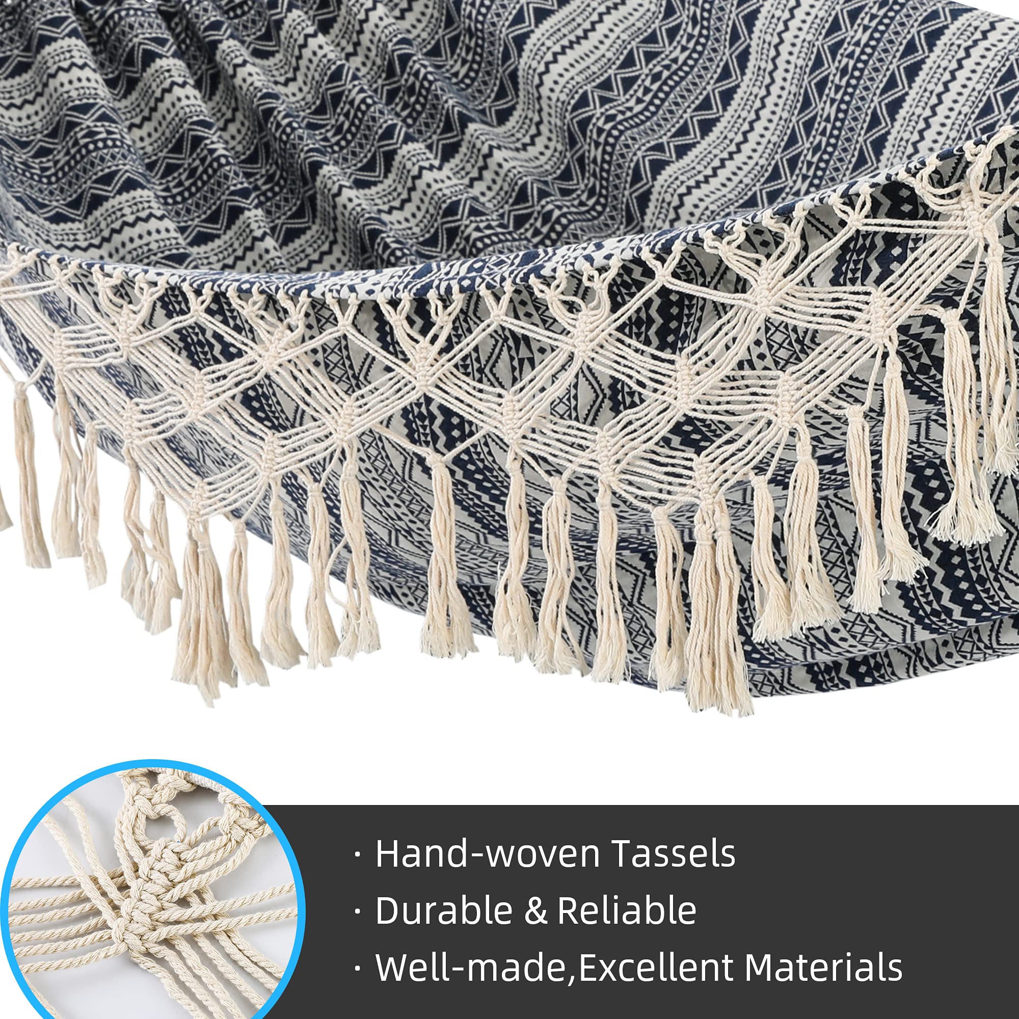 Premium Cotton Garden Hammock with Tassels - 2 Person Indoor/Outdoor Hammock with Carry Bag - Macrame Fringe Design for Patio, Porch, Backyard & Beach - Supports Up to 450Lbs (Blue-White) - Perfect for Relaxing, Lounging & Outdoor Adventures