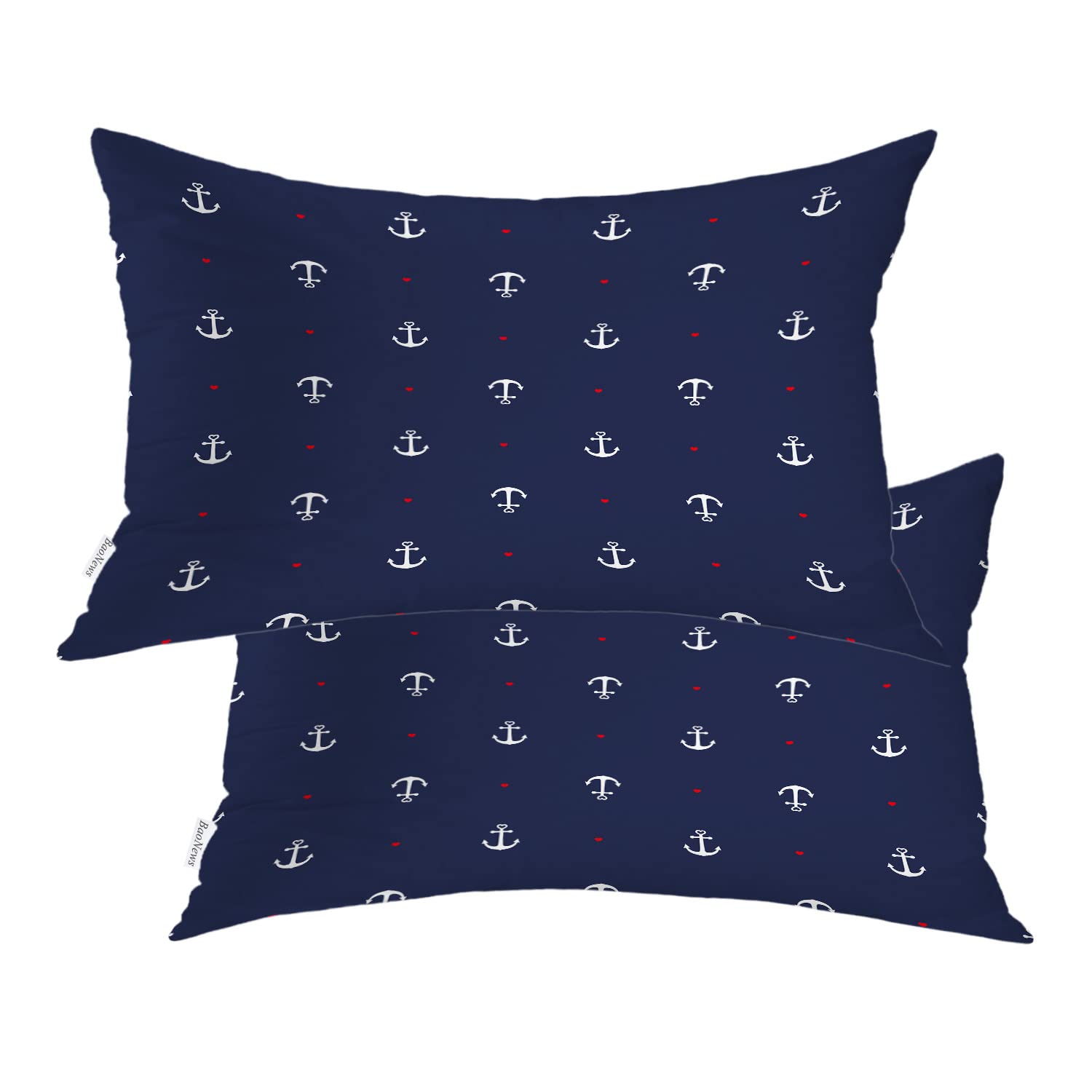 Nautical Decorative Pillow Covers 12x20 Inch - Blue and White Cotton Lumbar Cushion with Red Heart Design for Sofa, Bed, or Boat - Coastal Home Decor & Marine Themed Living Room Accessories
