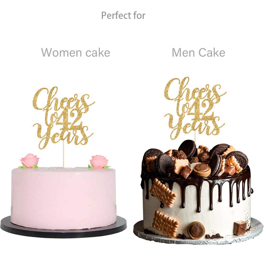 Gold Glitter Cheers to 42 Years Cake Topper | Happy 42nd Birthday Party Decorations | Cake Decor Supplies for Anniversary Celebrations & Milestone Birthdays