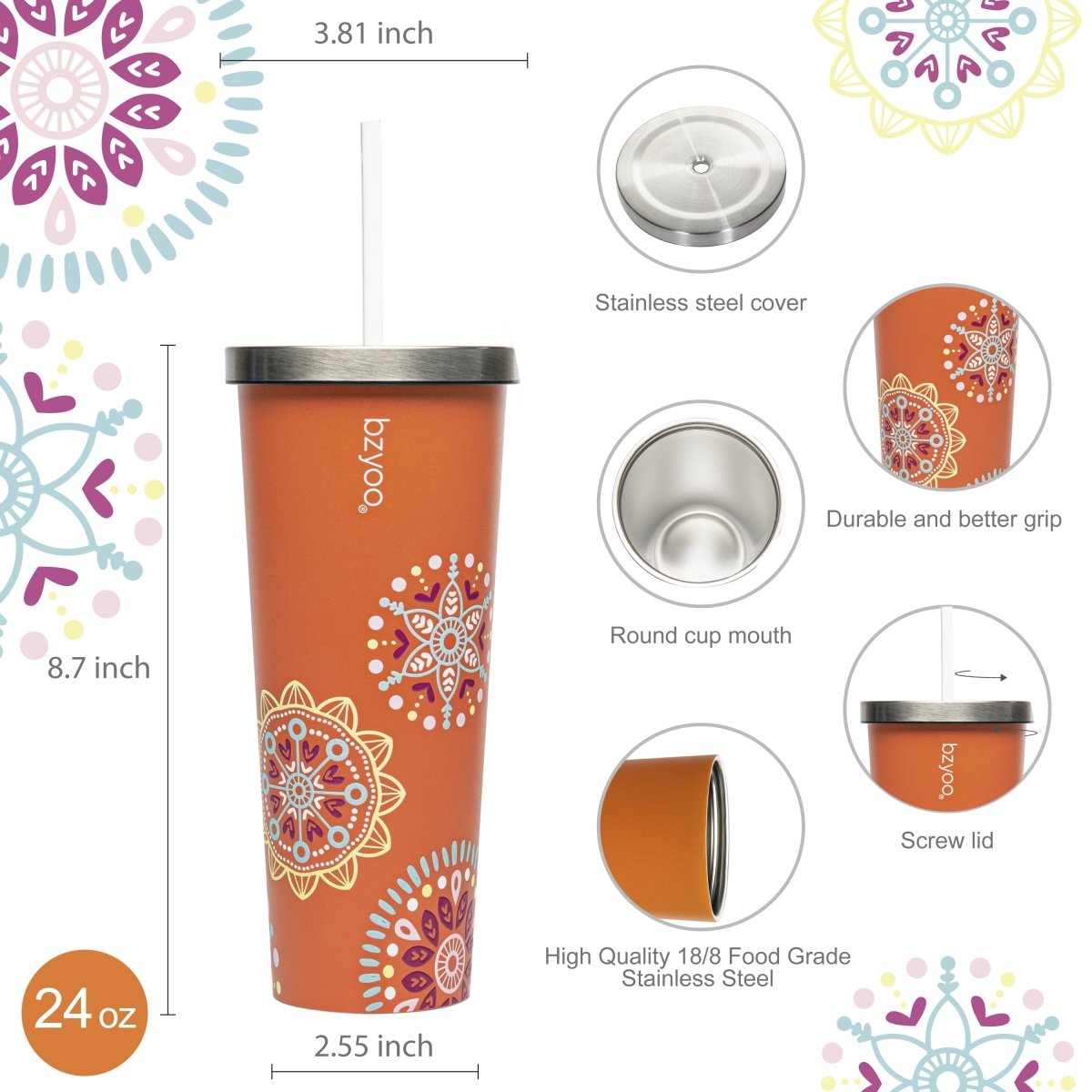 24oz Double Wall Vacuum Insulated Stainless Steel Tumbler with Straw Lid - Orange Madallion Design | Leakproof Travel Mug for Coffee, Tea & Cold Drinks | Perfect for Office, Gym & Outdoor Activities