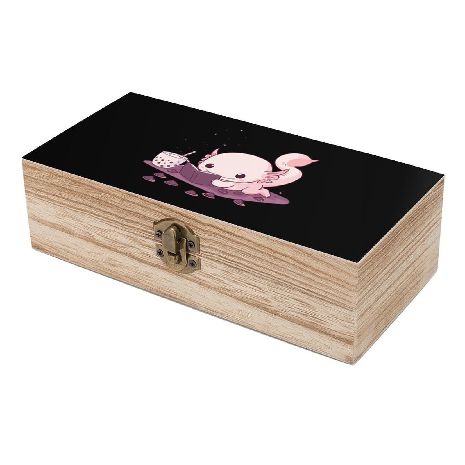 Adorable Axolotl Wooden Storage Box - 7.9'' x 3.7'' x 2.3'' Hinged Lid Jewelry Organizer with Front Clasp - Perfect for Keepsakes, Rings & Small Treasures - Great Gift for Kids & Collectors