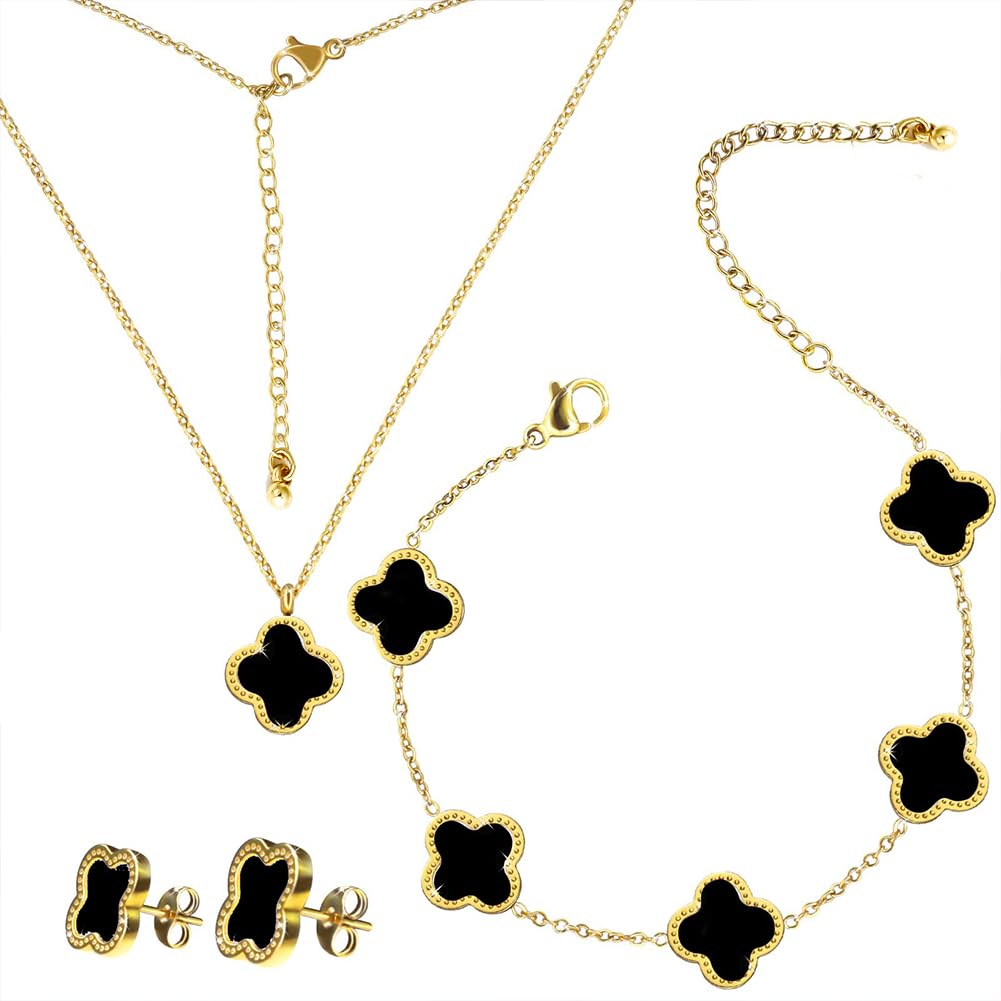 14k Gold Plated Clover Bracelet, Earrings & Necklace Set - Lucky Four Leaf Jewelry for Women & Girls | Perfect for Gifts, Parties & Everyday Wear