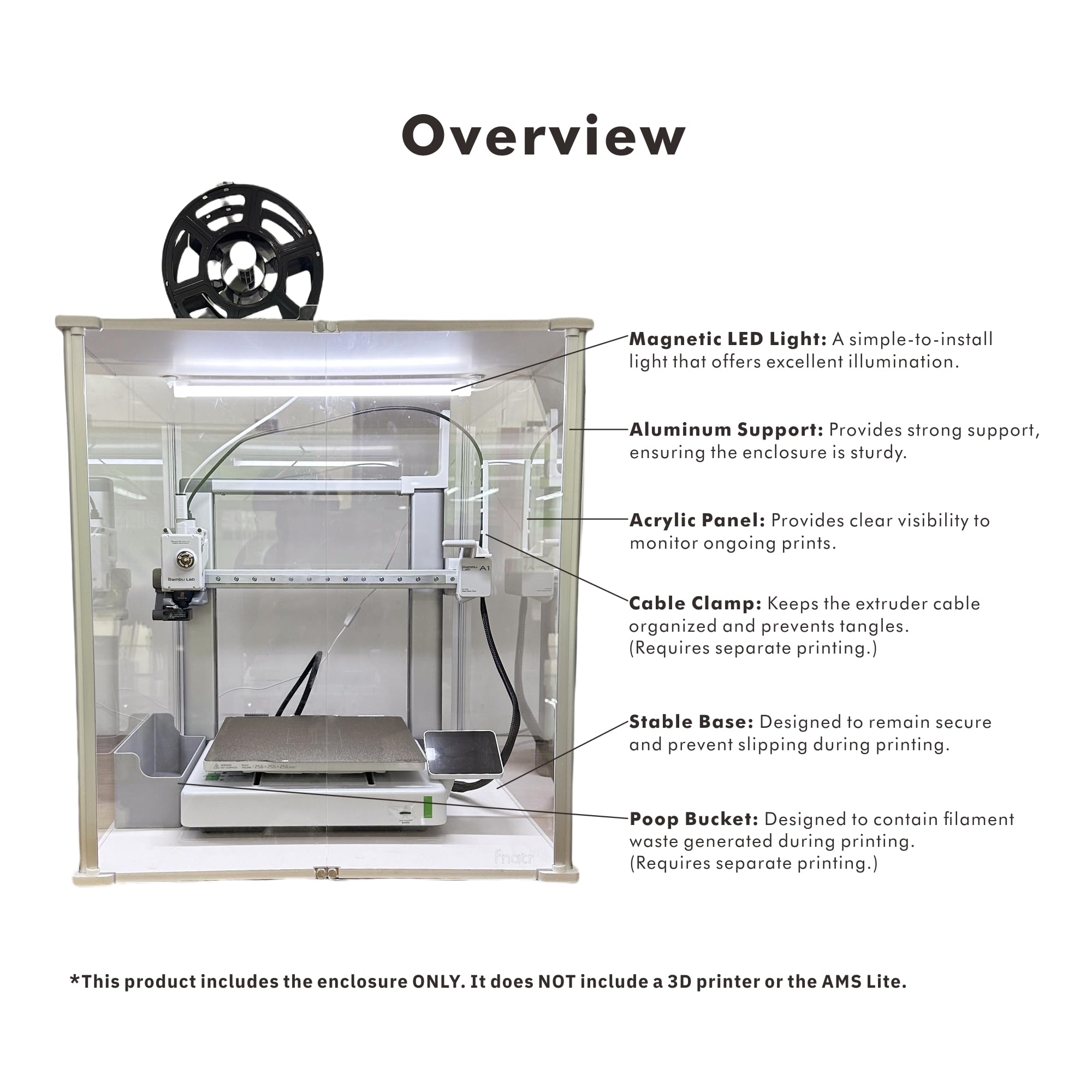 Bambu Lab A1 3D Printer Enclosure with AMS Lite - Ventilation Cutouts, 497x611x536mm Internal Dimensions - Perfect for Noise Reduction & Dust Protection in Home & Office Workspaces