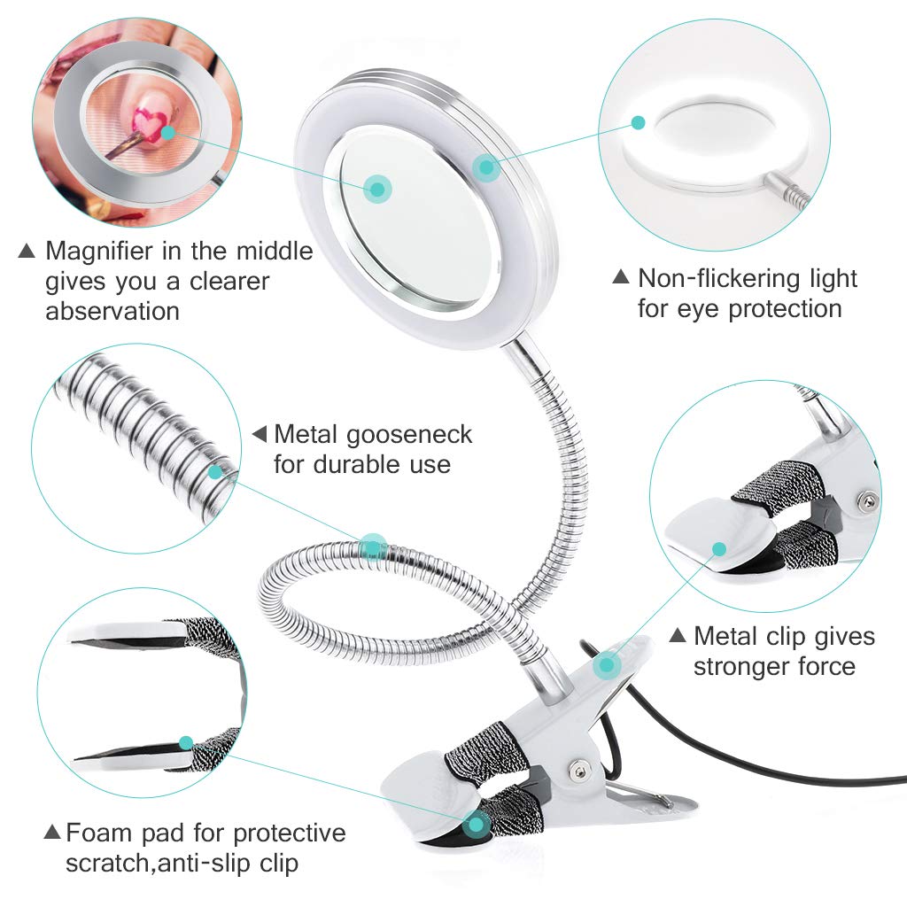 JimKing LED Magnifying Lamp with Clip - Adjustable Brightness Desk Light for Reading, Tattoo, Makeup & Manicure | USB-Powered Book Light for Bedside, Crafting & Detailed Work | Perfect for Artists, Students & Professionals