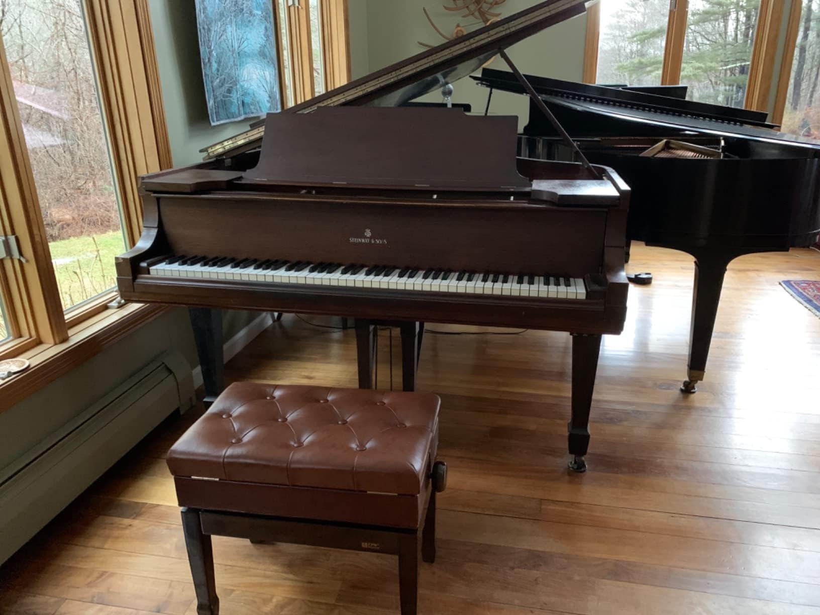 Premium Genuine Leather Adjustable Piano Bench Stool - Walnut Finish with Music Storage Compartment - Perfect for Home Studios, Music Classrooms & Concert Halls