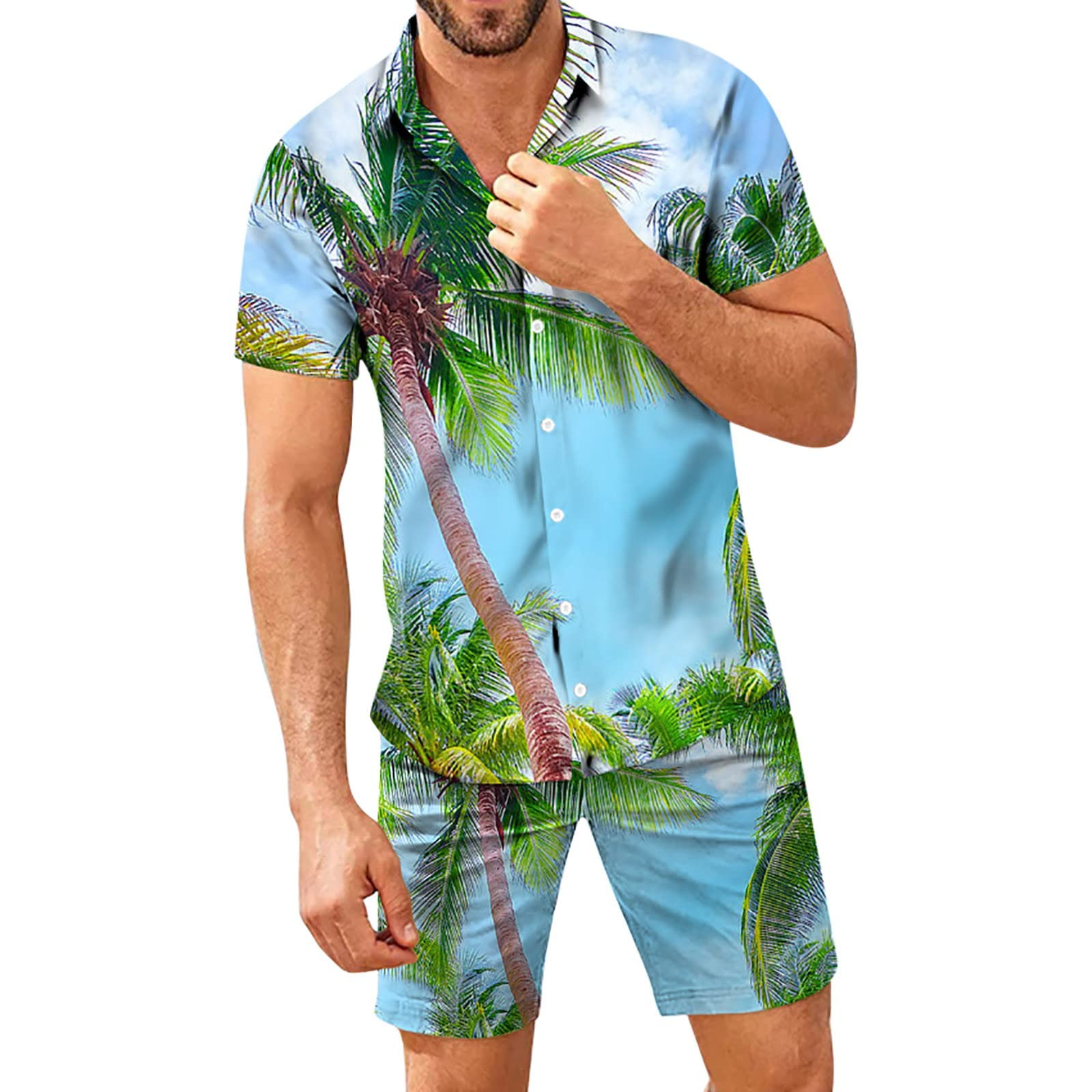 **Men's Hawaiian Shirt and Shorts 2-Piece Set – Classic-Fit Printed Linen Button-Up Shirt & UPF 50+ Casual Shorts for Spring, Summer, Beach, BBQ, Honeymoon, and Vacation Outfits**