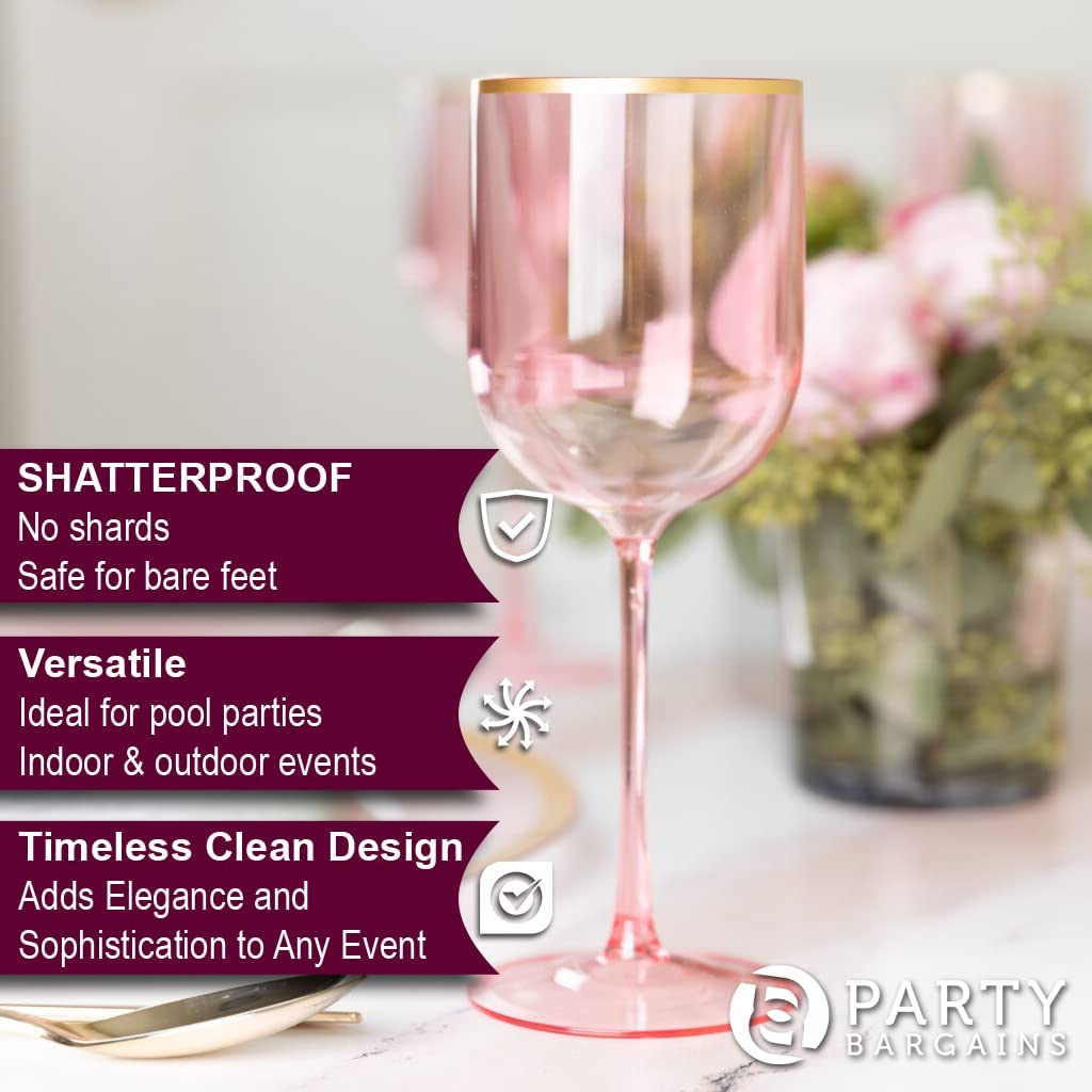 Elegant 12 oz Disposable Plastic Wine Goblets - Pink with Gold Rim, 30-Pack for Weddings, Outdoor Events, Poolside Parties & Home Entertaining | Stemmed Plastic Wine Glasses for Cocktails, Champagne & Beverages