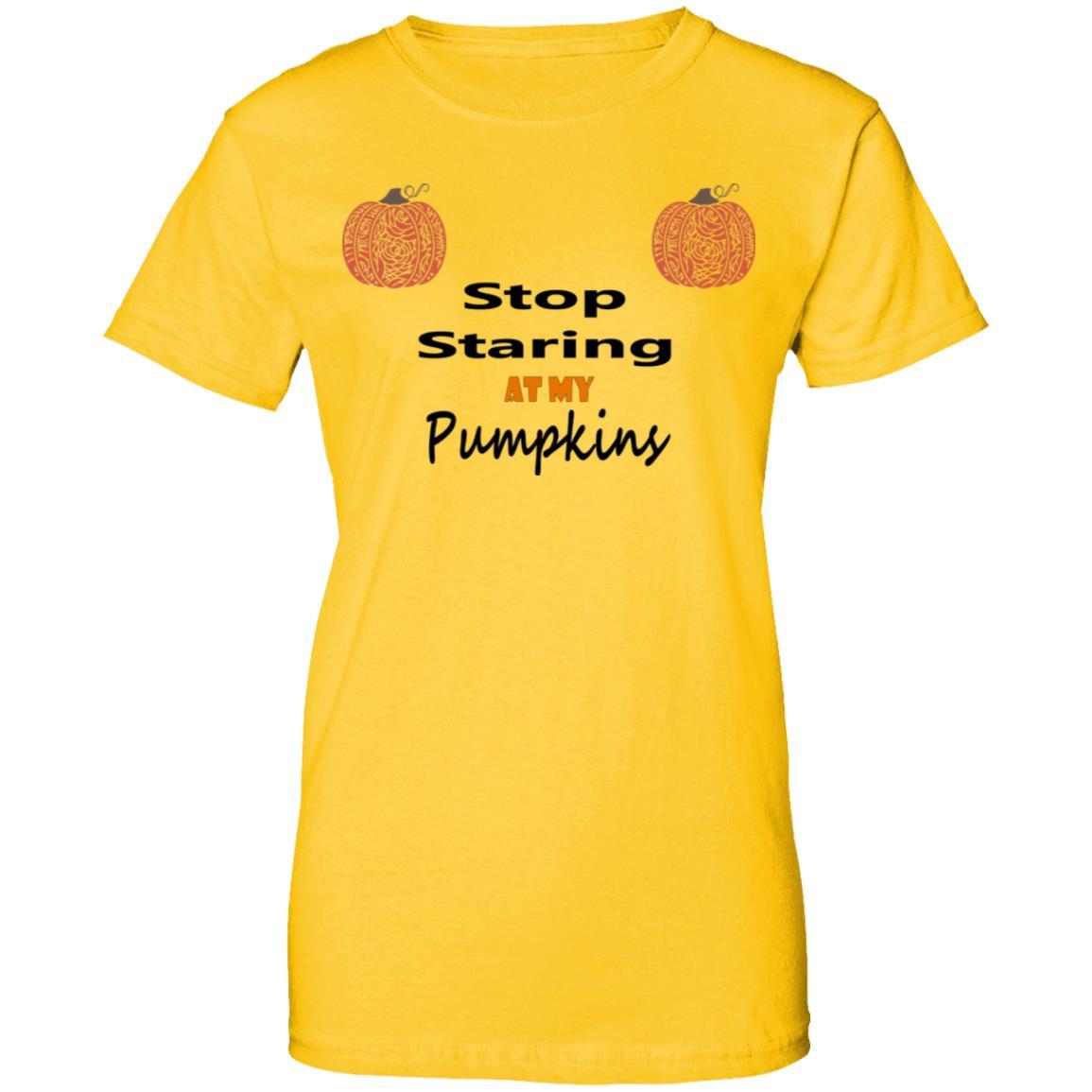 Stop Staring At My Pumpkins Women's 100% Cotton Graphic T-Shirt - Funny Fall Halloween Tee for Pumpkin Patch & Autumn Outings