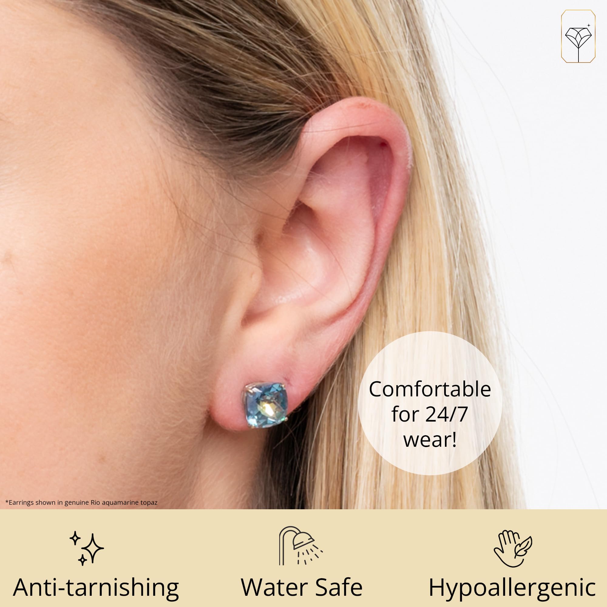 14K White or Yellow Gold 8mm Cushion-Cut December Birthstone Stud Earrings with Swiss Blue Topaz or London Blue Topaz | Anti-Tarnish Finish | Push Back Closure | Women's Fine Jewelry Gift for Christmas, Birthday, Anniversary & Special Occasions
