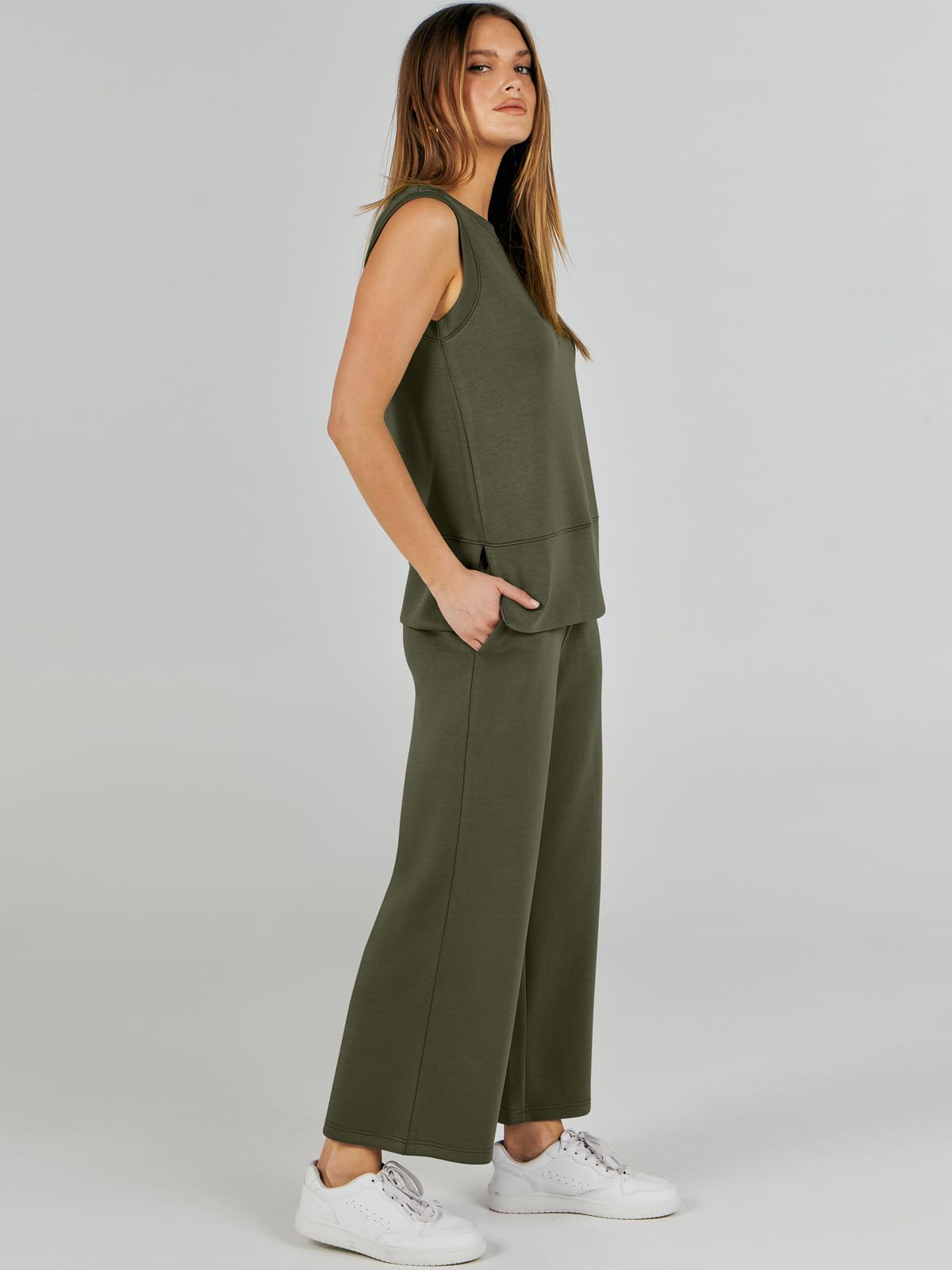 ANRABESS Women's 2 Piece Summer Outfit Set - Sleeveless Top & Wide Leg Pants Casual Lounge Sweatsuit for Yoga, Running, Travel & Home Wear