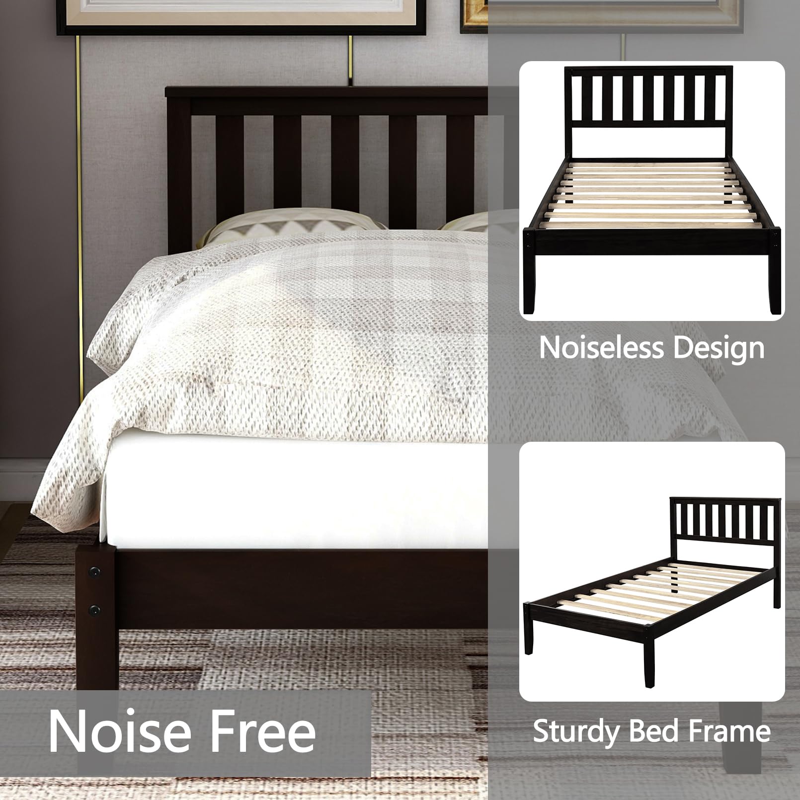 **Twin Size Solid Wood Platform Bed Frame with Headboard - Modern Simple Design, Sturdy Salt Support, Noise-Free for Bedroom - Ideal for Boys, Girls, Adults & Teens - Under Bed Storage - Espresso Finish - Perfect for Small Spaces, Guest Rooms & Kids' Bedrooms**