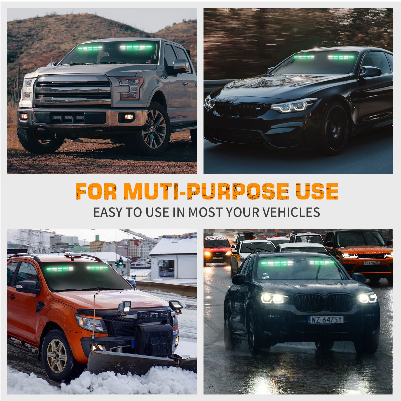 XRIDONSEN 34 Inch Green & White Emergency Strobe Light Bar - 40 LED Interior Windshield Visor Warning Lights for Firefighter Trucks, Vehicles with Take Down & Deck Split Mount - Ideal for Emergency Response, Roadside Safety, and Hazard Visibility