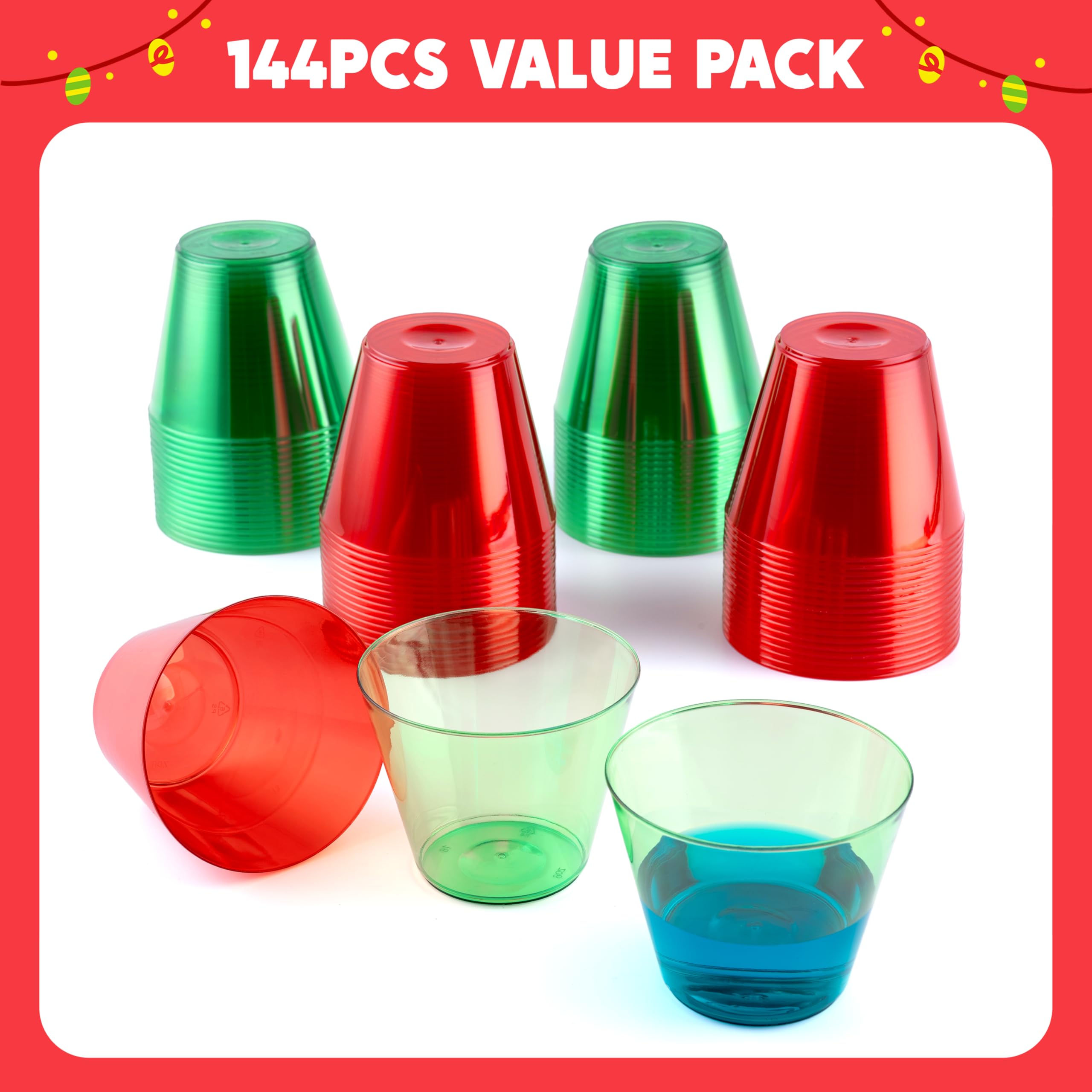 JOYIN 144-Pack Clear 9oz Disposable Plastic Cups - Christmas Red & Green Bulk Drinking Cups, Wine Glasses & Beverage Cups for Holiday Parties, Xmas Dinner, Office Celebrations & Family Gatherings