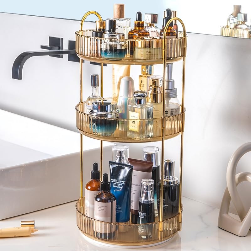 360° Rotating Makeup Organizer - 3-Tier High Capacity Cosmetic & Skincare Storage for Vanity, Bathroom Counter, Dresser (Amber) | Perfect for Organizing Lipsticks, Brushes & Beauty Products