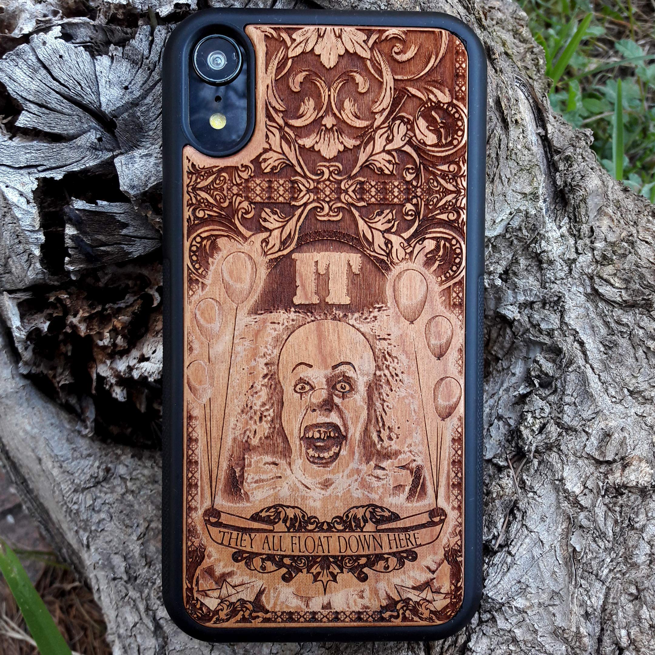 Horror Movie It Clown Laser Engraved Wooden Phone Case for iPhone 16/15/14/13/12/11 Pro Max/Mini & Galaxy S25/S24/S23/S22/S21/S20 Ultra Plus - Eco-Friendly Slim Durable Wood Cover - Perfect for Halloween, Horror Fans & Unique Gift Giving